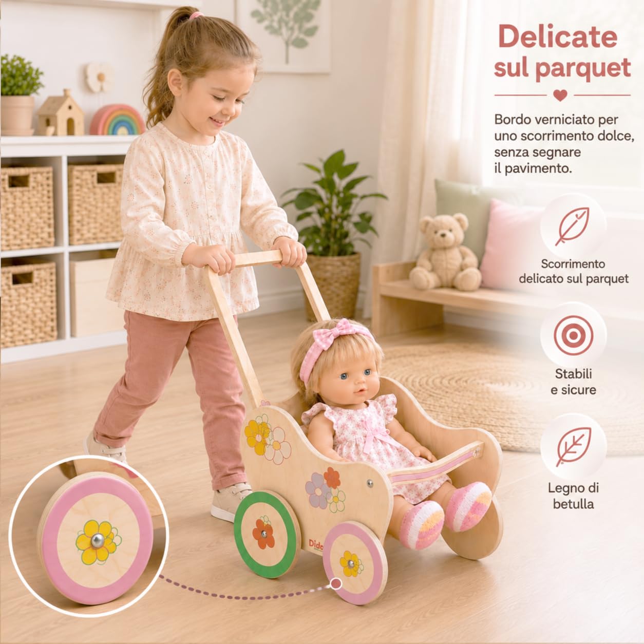 Dida Landau pour Poupées en Bois Motif Fleurs - Poussette pour Poupées jusqu'à 35 cm, Jouet de Rôle pour Enfants de 2 à 4 Ans, Parfait pour Les Petits Parents