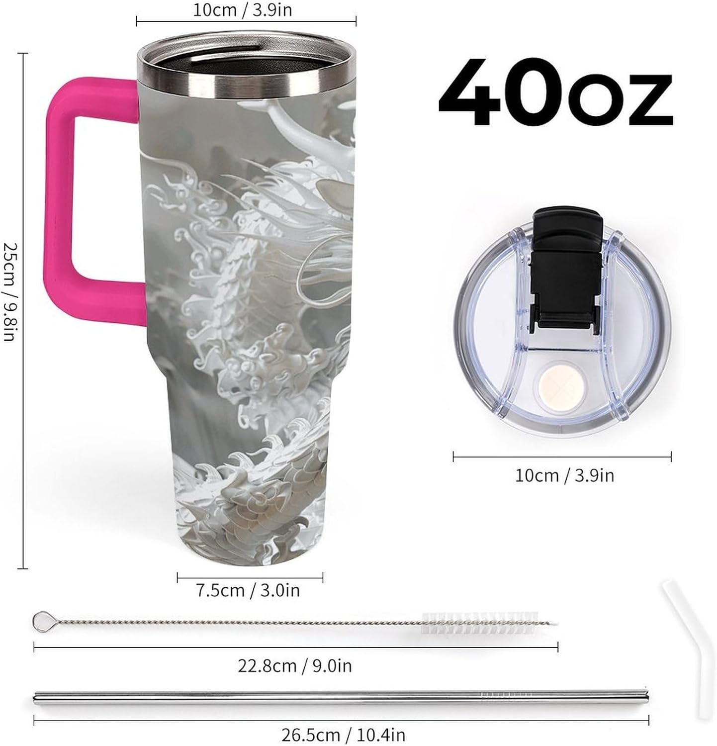 Large Car Cup with Handle&Lid Fashion White Dragon Style Tumbler Sturdy Insulated Water Bottle Stainless Steel Vacuum Travel Mug Portable Coffee Cup for Home Outdoor 40 Oz Light Rose Red-style