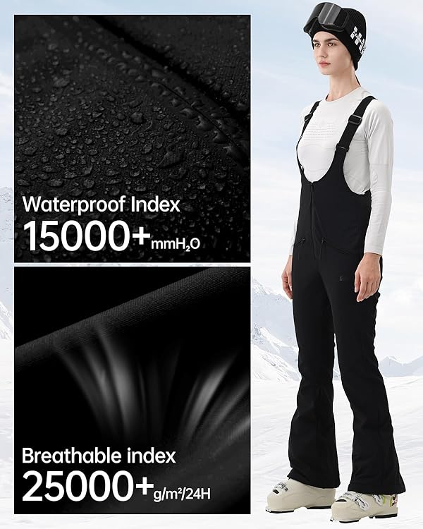 HIGH EXPERIENCE Womens Ski Bib Pants Skinny Soft Shell Snow Overalls Slim Fit Fitted Snowboard Insulated Waterproof Windproof (Black, Small) by HIGH EXPERIENCE - Image 4