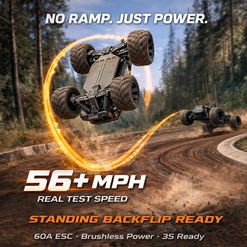 UDIRC 1610S 56+ MPH Brushless RC Car for Adults, Standing Backflip in Stock Setup, All Terrain Fast RC Truck, 1:16 4WD Monster Truck, 3S Battery and Programming Card Included, RTR