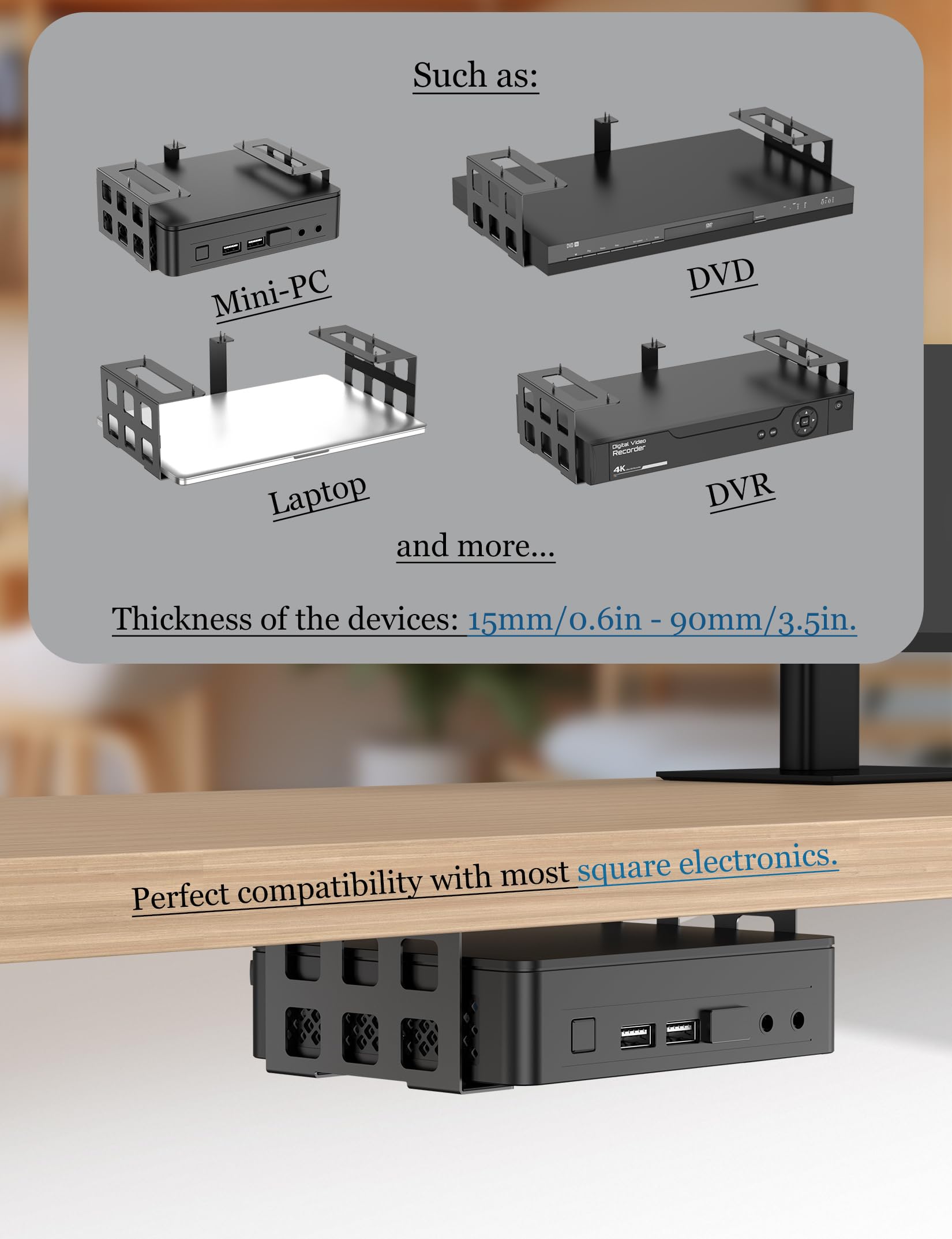 Universelle Untertisch-Halterung, passend für DVD, Spielekonsole, Media-Player, Mini-PC, Dockingstation, Projektor-Deckenhalterung, passend für alle anderen Geräte mit einer Dicke von 1,5 cm