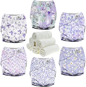 Mama Koala 3.0 Cloth Diapers for Babies with AWJ Lining, 6 Pack with 6 Natural Cloth Diaper Inserts - Reusable and Washable Pocket Diapers (Light Lavender)
