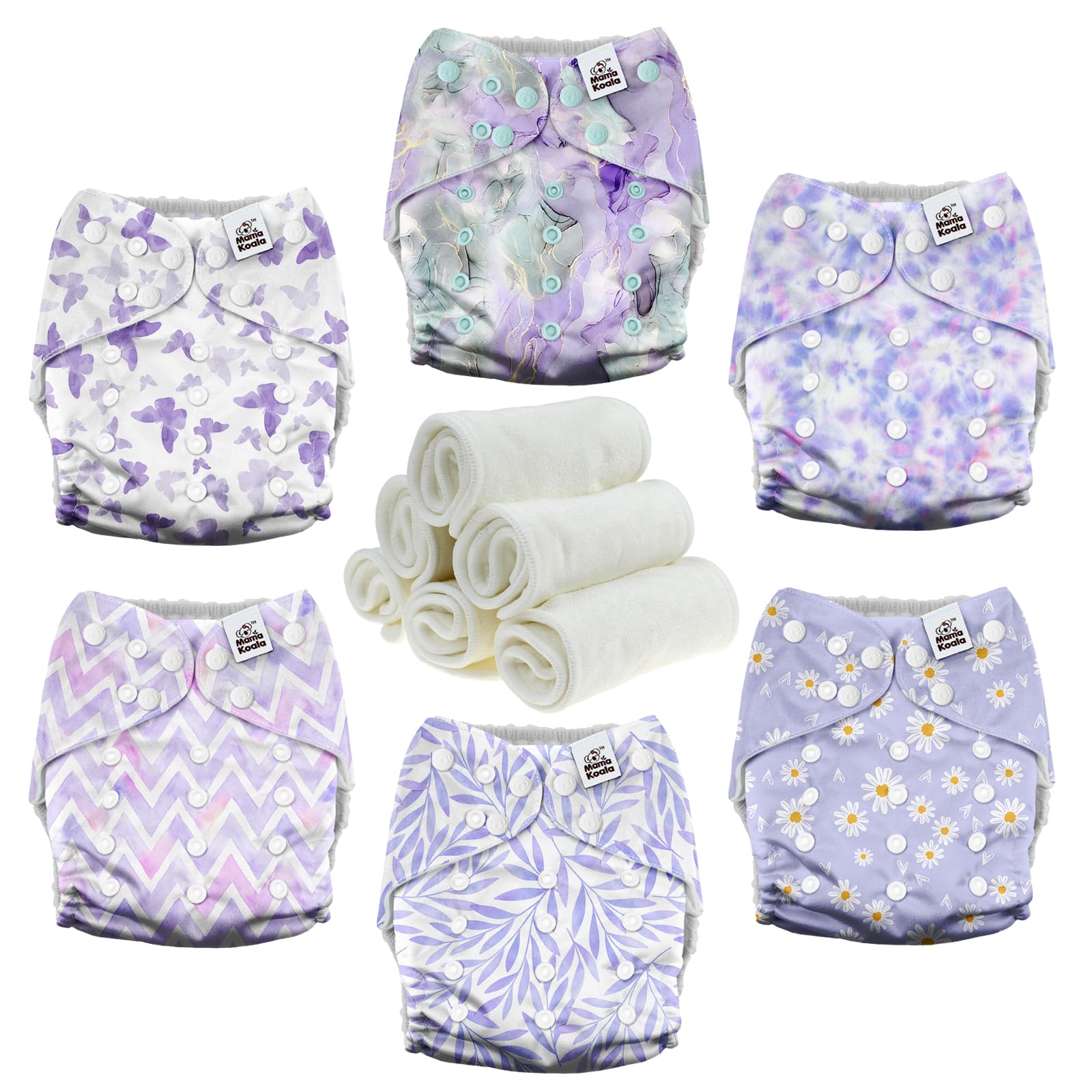 Mama Koala 3.0 Cloth Diapers for Babies with AWJ Lining, 6 Pack with 6 Natural Cloth Diaper Inserts - Reusable and Washable Pocket Diapers (Light