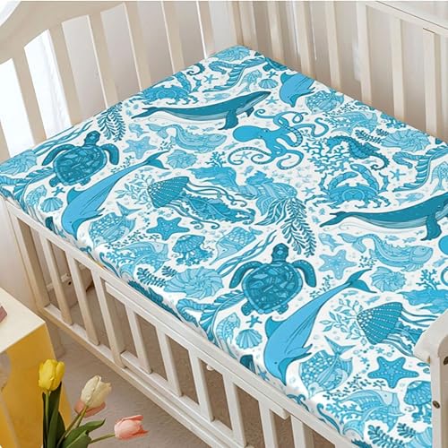 Miniatura 3 de Sábana bajera ajustable para cuna con temática de ballenas, sábana bajera estándar para cuna, material ultra suave, sábana de colchón para cuna o