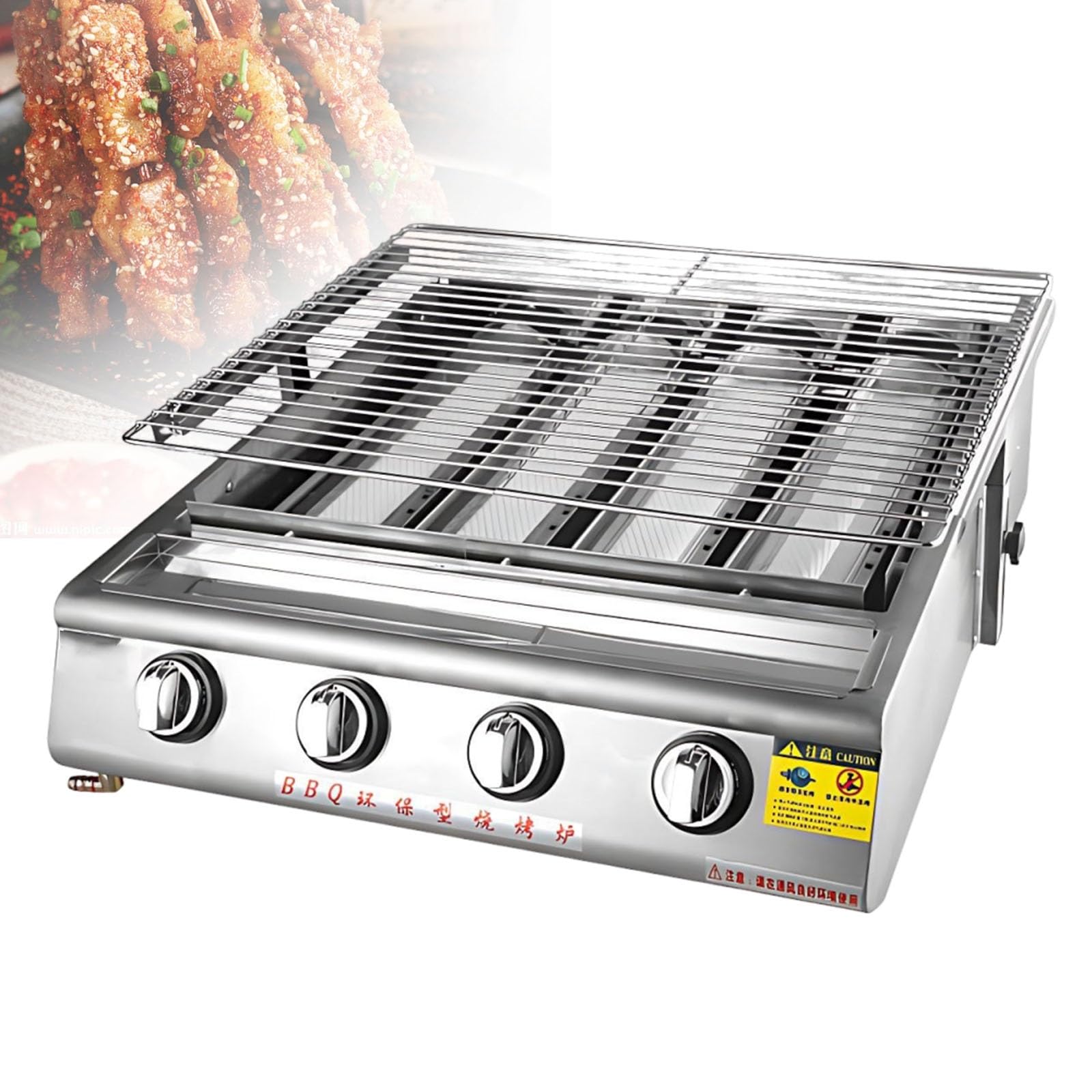 Barbacoa de Gas de Sobremesa Acero Inoxidable 304, 4/8/10 Quemadores con Tapa, Altura de Rejilla Regulable, Parrilla Profesional para Balcón y Camping, Butano 2800Pa(4 Burner)
