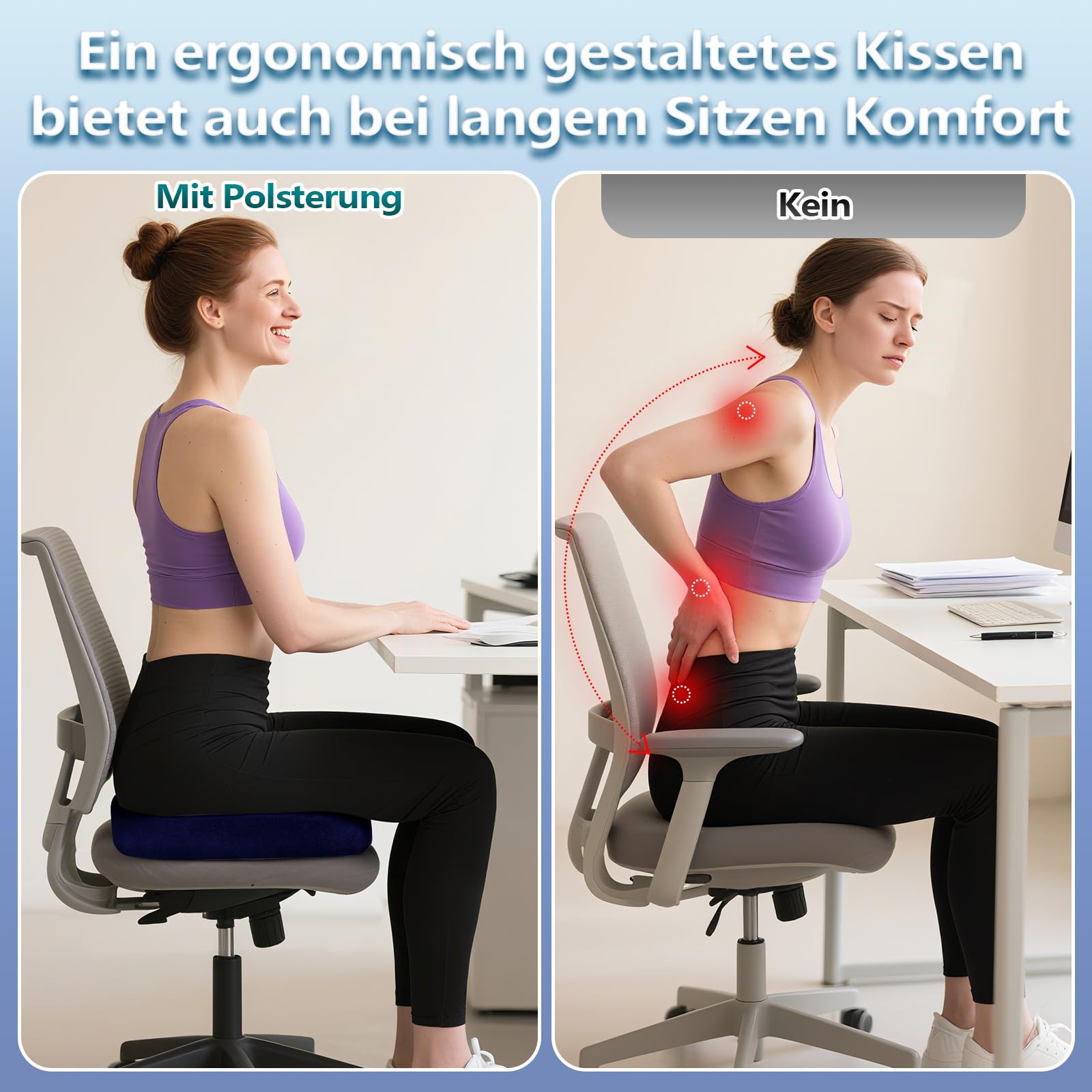 Cojín ortopédico de espuma viscoelástica – Cojín ergonómico para silla de oficina y coche para aliviar la presión y comodidad al sentarse durante mucho tiempo, antideslizante y funda