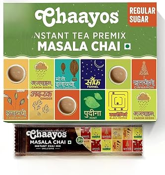 Chaayos Instant Tea Premix - Regular Sugar - Masala Flavour 15 Sachets | Instant Tea | Tea Premix | Masala Tea | Masala Chai | Assam Tea | Flavored Tea | Tea Masala Mix