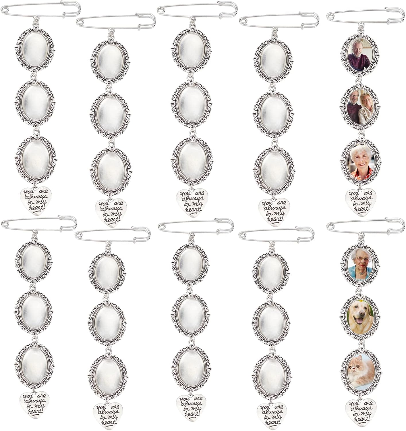 PH PandaHall Wedding Bouquet Photo Charm, 10 Sets Pin Brooch Making Kit Triple Oval Frame Bridal Charm Lacy Bridal Charms with 18x25mm Glass Cabochons You are Always in My Heart Charms