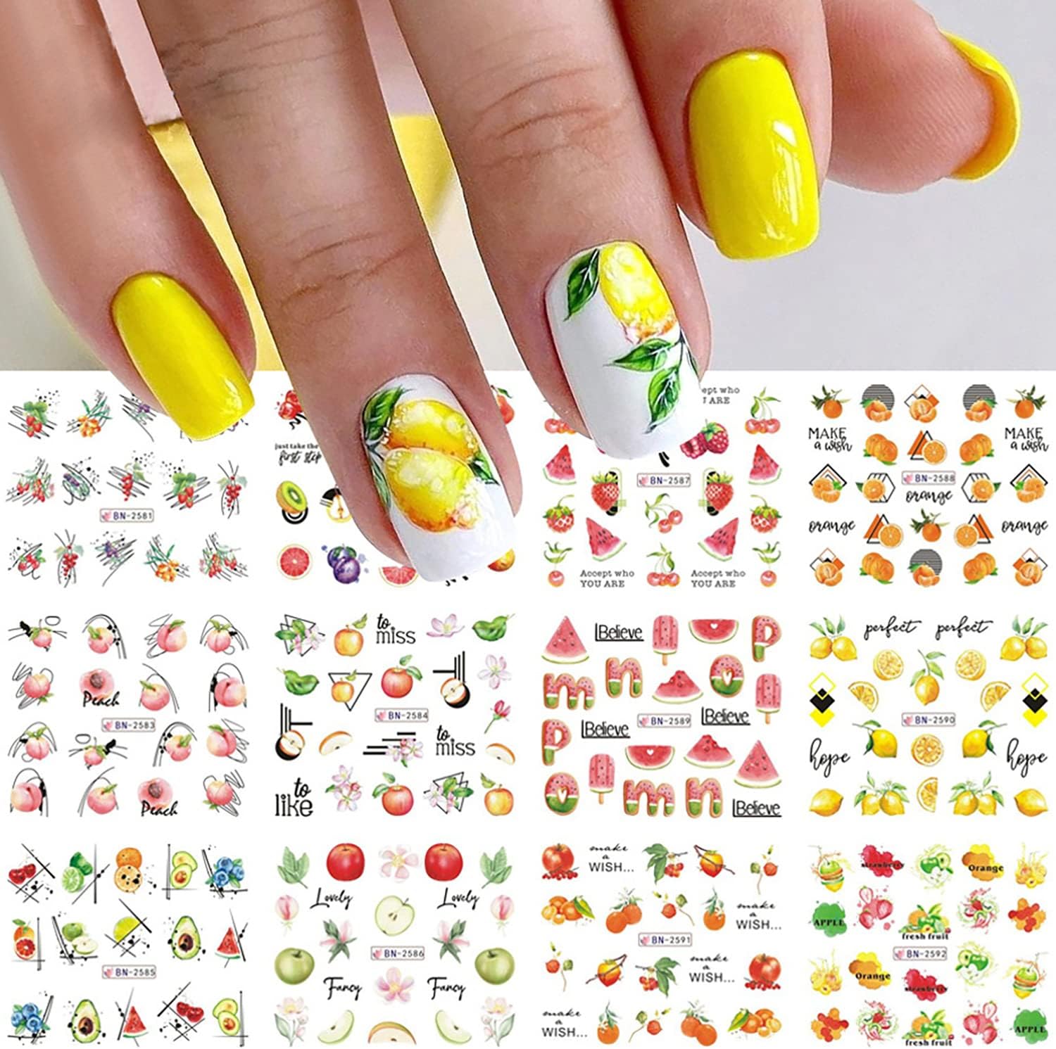 12 Sheets Fruit Nail Stickers Apple Orange Peach Watermelon Patterns Design Water Transfer Nail Decals Holographic Art Sticker Decal Nail Art for Women DIY Supplies Manicure Decoration Nail Art Decal