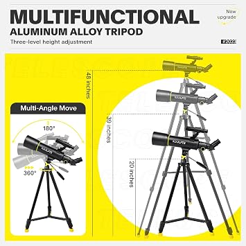 Koolpte 70mm 400mm Telescope for Kids & Beginners, 20X-200X AZ Mount Kit | 70mm 400mm telescope for kids and beginners; anti-reflection optics, 20X-200X range, phone adapter, tripod and remote kit.