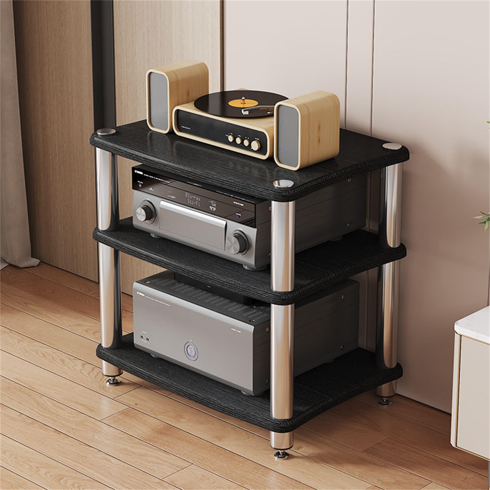 Mueble soporte para AV de 3 niveles negro con estantes para reproductores de CD DVD y torre multimedia