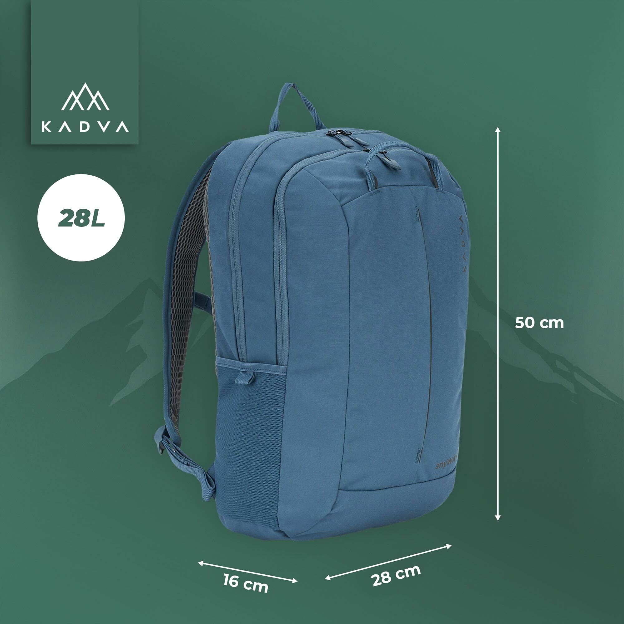 KADVA anyWAY 25 l - hybrydowy plecak miejski/krótki wypad - 25 × 40 × 15 cm - 2 uchwyty (poziomo/pionowe), 2 kieszenie + kieszeń przednia, organizer, laptop 16", pas piersiowy, odblaskowy | Poliester, regulowane dopasowanie