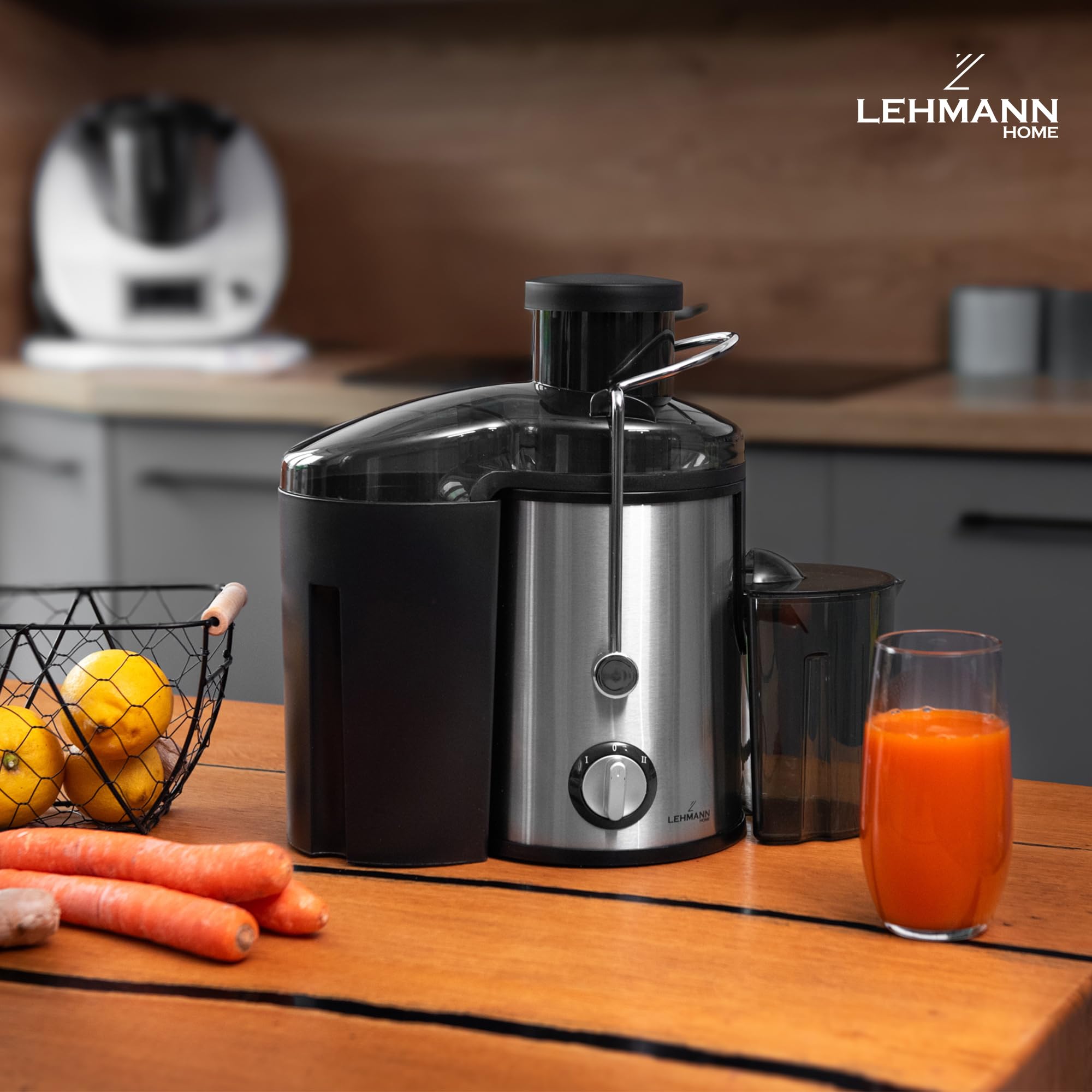 LEHMANN Zentrifugal Entsafter für Obst und Gemüse, Schnelle Saftzubereitung, 75 mm Einfüllschacht, BPA-frei, 2 Geschwindigkeiten, Leicht zu reinigen, elektrische Saftmaschine aus Edelstahl