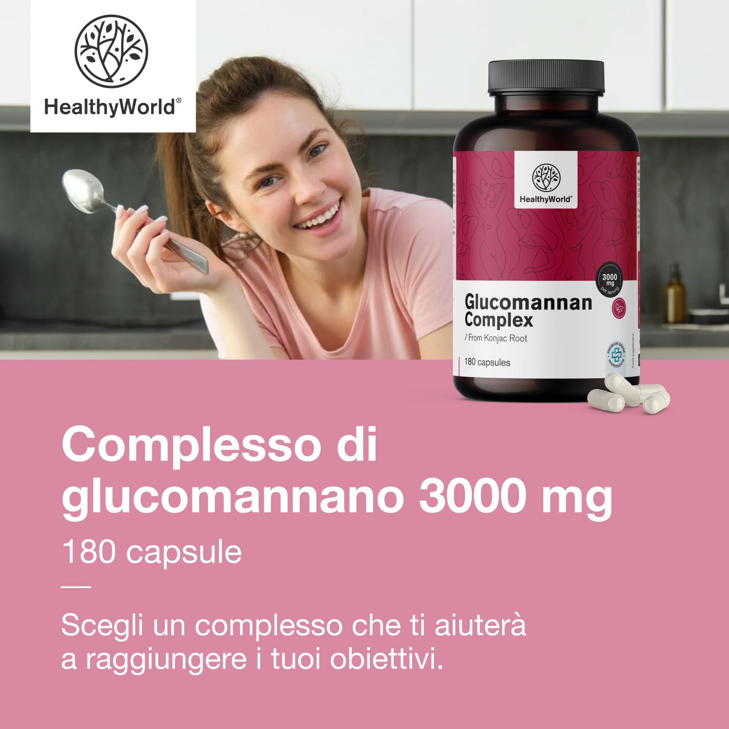 HealthyWorld Complesso di glucomannano 3000 mg – Dalla Radice di Konjac - 180 capsule - Con aggiunta di Colina, Cromo, Vitamine D3 e B3 - Senza OGM - Scorta per 1 mese
