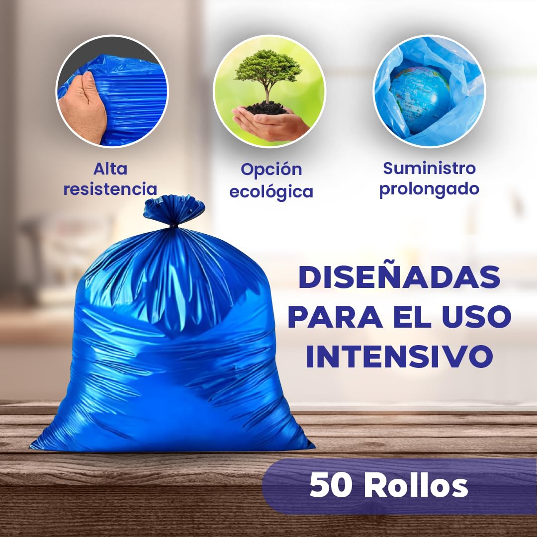 SANJOMA Bolsas Basura 30L | Ideal Para Cocina y Jardín, Alta Durabilidad y Resistencia | Bolsas Basura Grandes, Color Azul, Rollo de 25 Unid. | Caja De 50 Rollos De Bolsas De Basura 52 x 60 cm