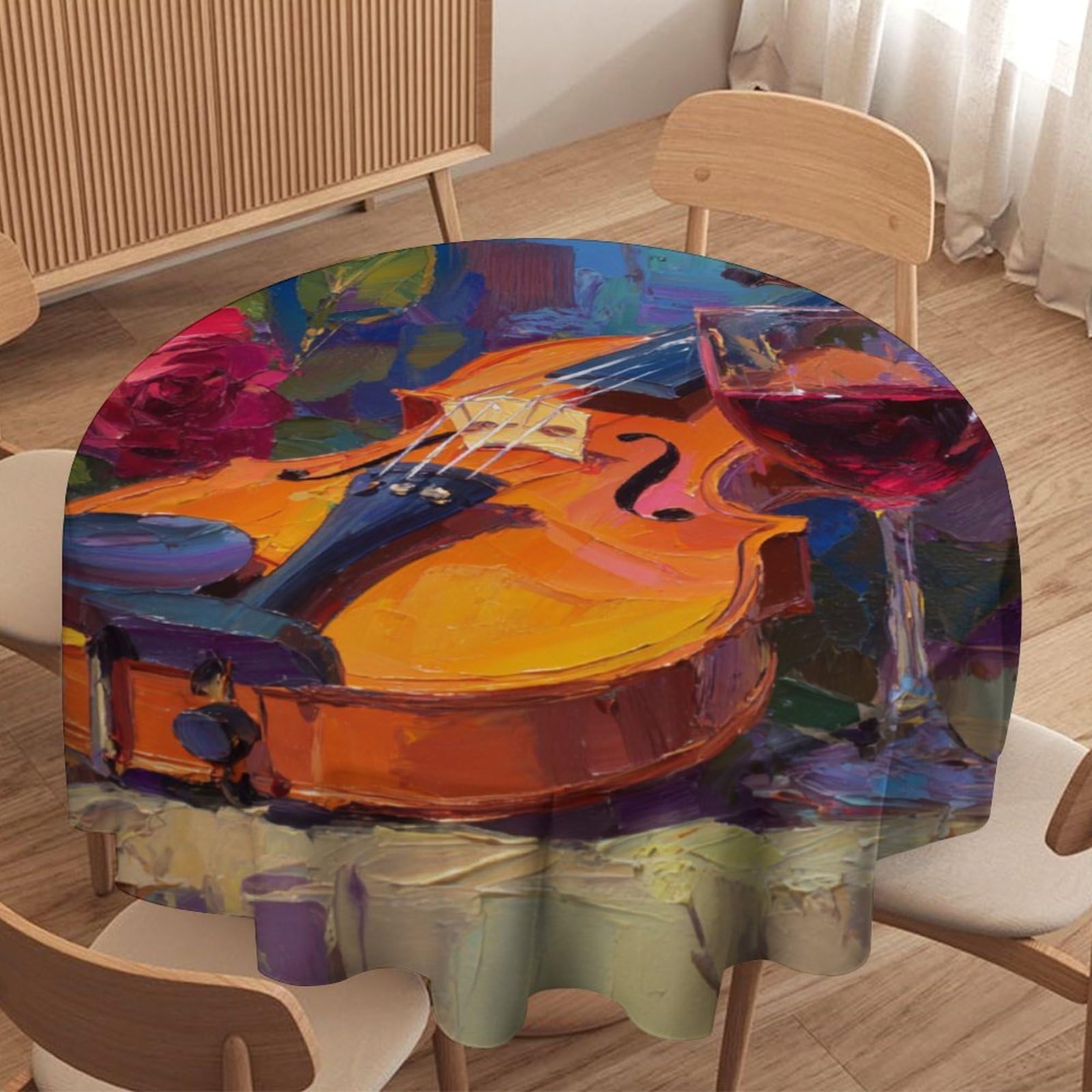 LUYYSKY Retro Abstract Music Theme Violin Waterproof Round Tablecloth Classic Oil Painting Music Instrument Roses Flowers Wine Glass Washable Table Cover for Kitchen-152.4" Wx152.4 L cm