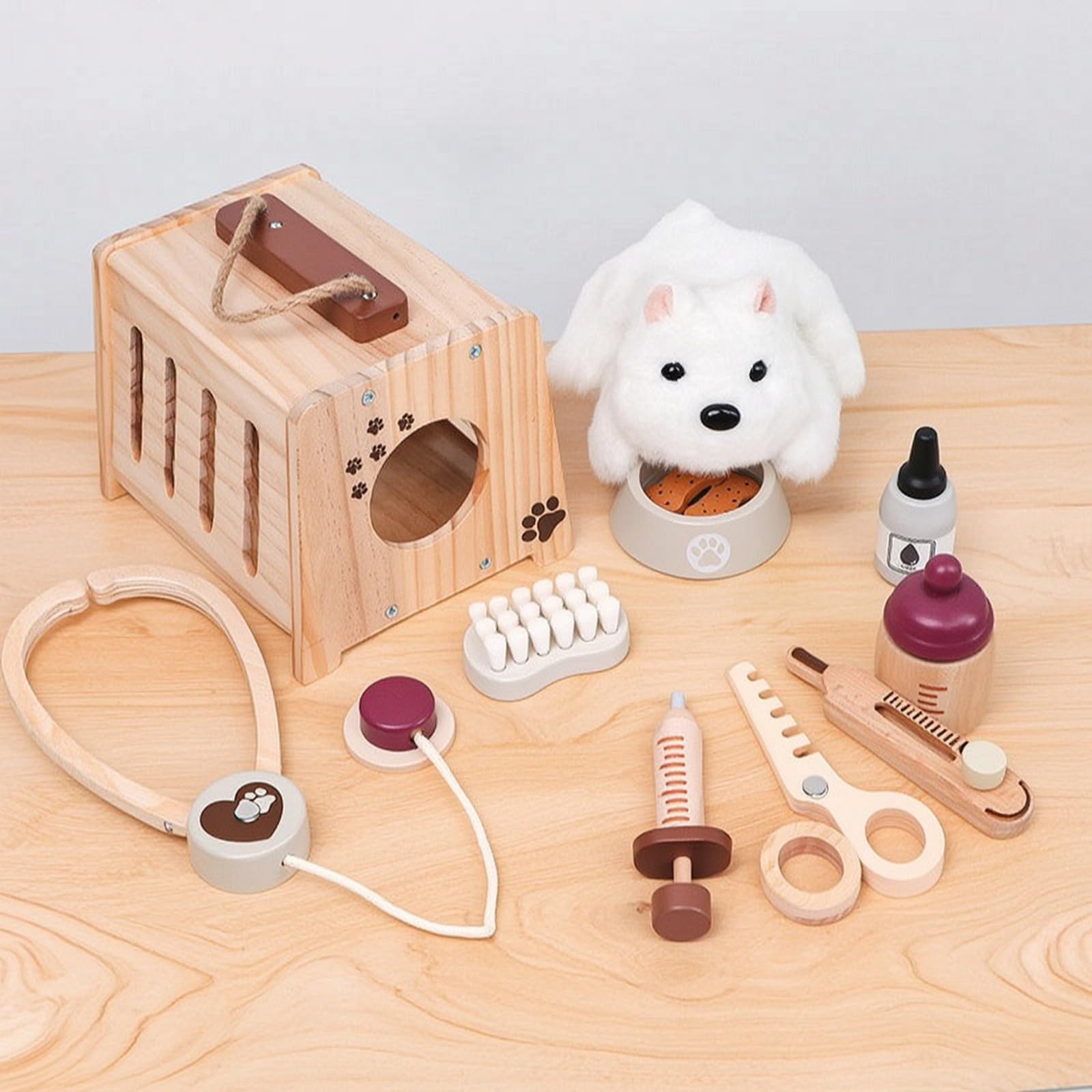 Amagogo Gioco Veterinario Bambini Kit Dottore Animali Valigetta Legno Portatile Pupazzo Peluche Accessori Medici Ciotola Spazzola Narrazione Creativa Adatto
