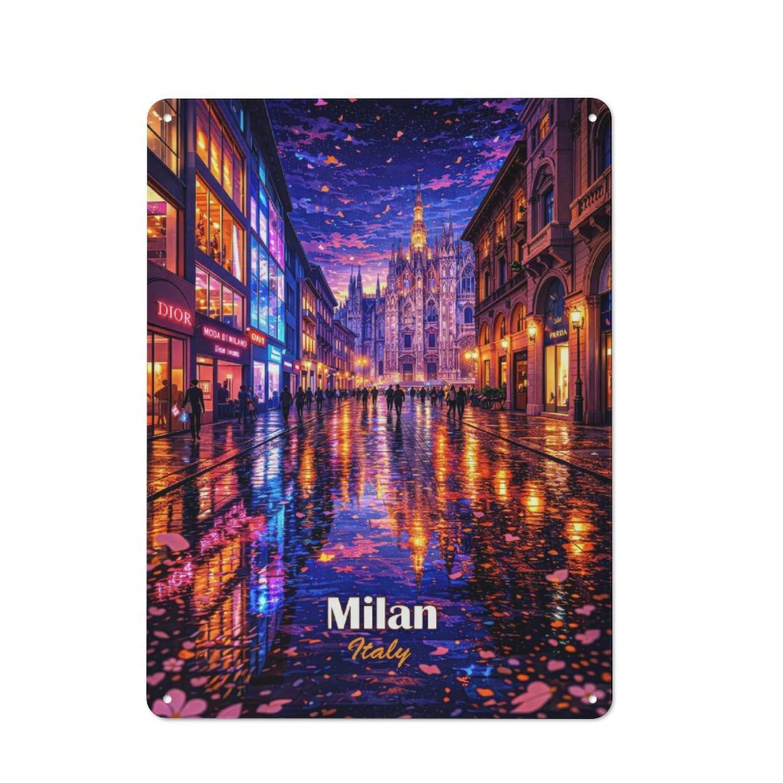 Junmoney Style-5 Tin Wall Plaque 40X30cm With Milan Cathedral At Night For Studio Or Craft Room, Suited To Studio Decor Lovers