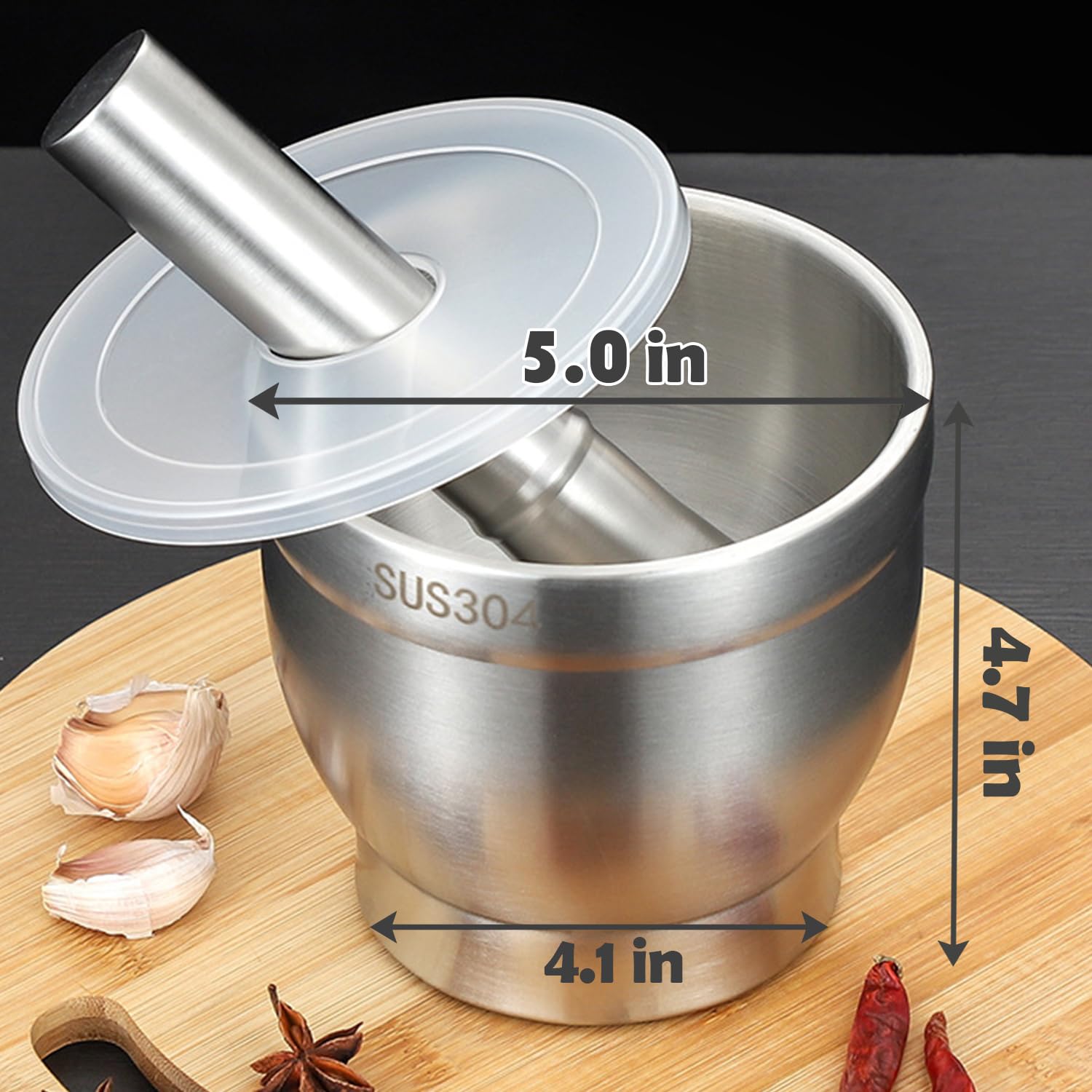 Mortero y mano de acero inoxidable, trituradora de alimentos pulida de 5 pulgadas con tapa, trituradora de píldoras resistente, molinillo de especias, trituradora de hierbas de rendimiento mejorado