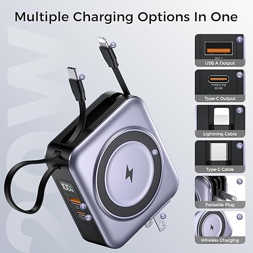 Miniatura 3 de Cargador Portátil Magnético 6-en-1 de 10000mAh – Carga Rápida de 22.5W con Enchufe de Pared AC, Cables USB-C y Lightning Incorporados para iPhone