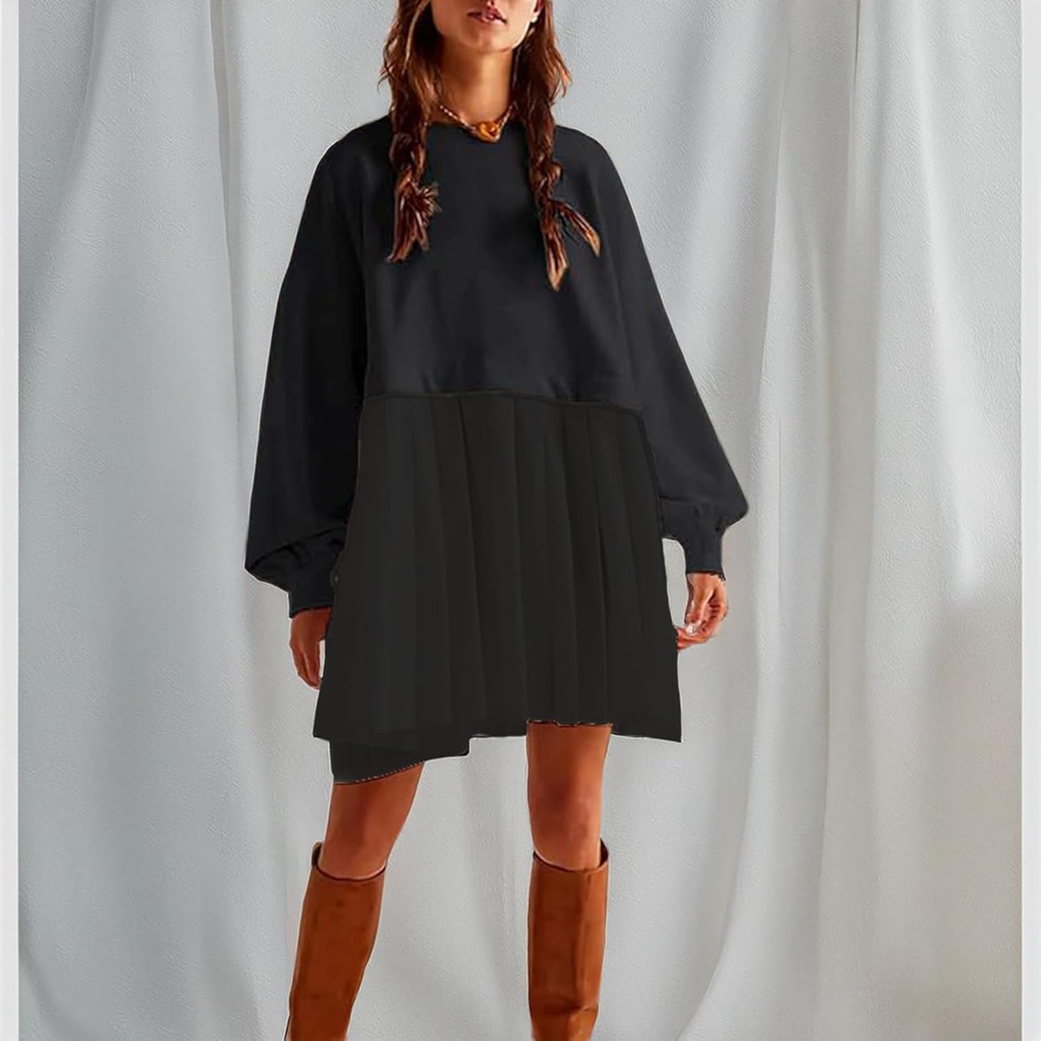 Oversized Sweatshirt Dress Women Long Sleeve Crew Neck Patchwork Pullover Tops Sweatshirt Jump Mini Dress - Image 7