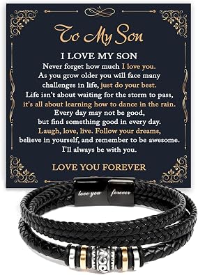 To My Son Bracelet From Mom Dad with Personalized Message, Forever Linked Together Black Braided Leather Inspirational Bracelets, Gift For Son From Parents, Birthday Gift with Card and Box
