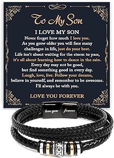 To My Son Bracelet From Mom Dad with Personalized Message, Forever Linked Together Black Braided Leather Inspirational Bracelets, Gift For Son From Parents, Birthday Gift with Card and Box
