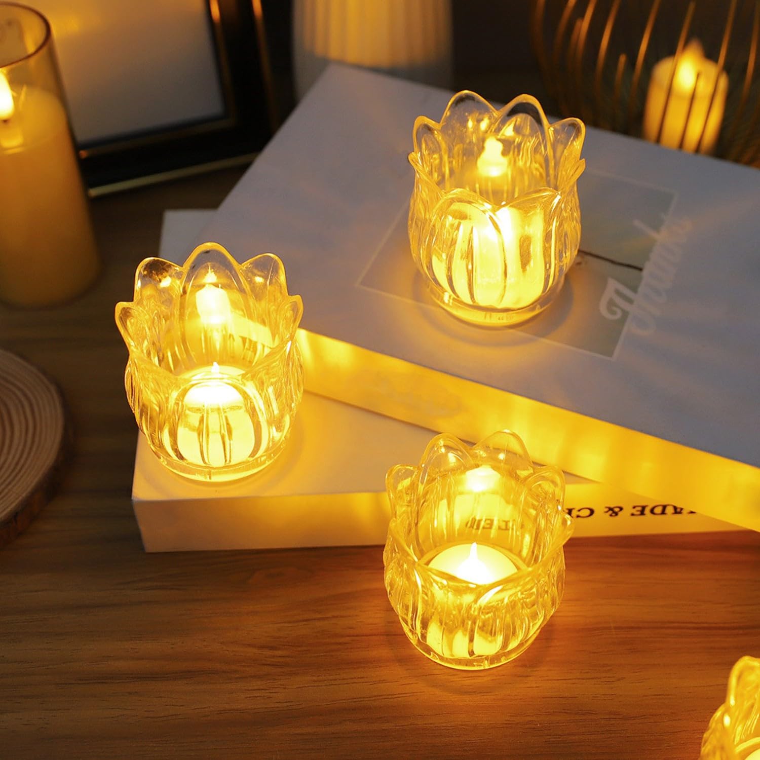 Vintage Lotus Flower Shaped Battery Operated LED Candle Diya Flameless & Smokeless Clear Textured Centerpiece Tea Light Acrylic LED Button Candle for Home Decoration, Diwali, Party (Pack of 3)-image-32