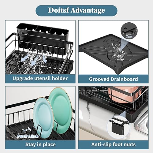 Miniatura 6 de Escurridor de platos, escurridor de platos para encimera de cocina, escurridor de platos de acero inoxidable con soporte adicional para esponja para