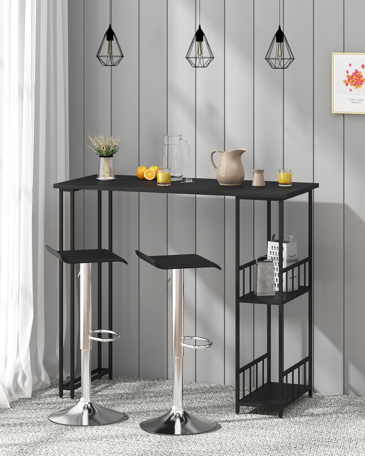 WOLTU Tavolo da Bar Alto con Mensole Bancone da Casa in Metallo e Legno Nero 120x50x105 cm
