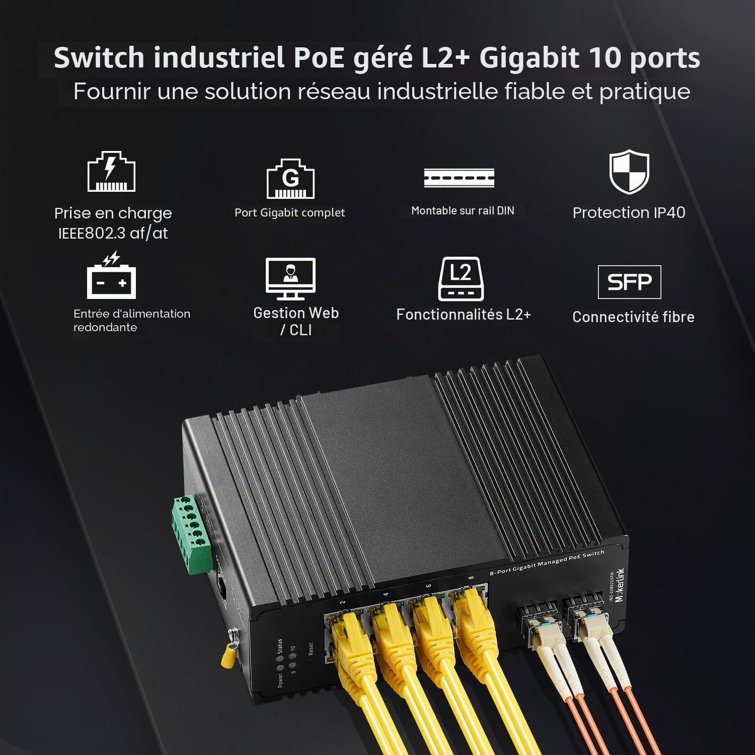 MokerLink 8 Port Gigabit PoE Industrial DIN-Rail Ethernet Switch Managed, 2 SFP Ports, IEEE802.AF/at 96W PoE+ Power, Web L2+ Managed IP40 Network Switch, avec Alimentation électrique