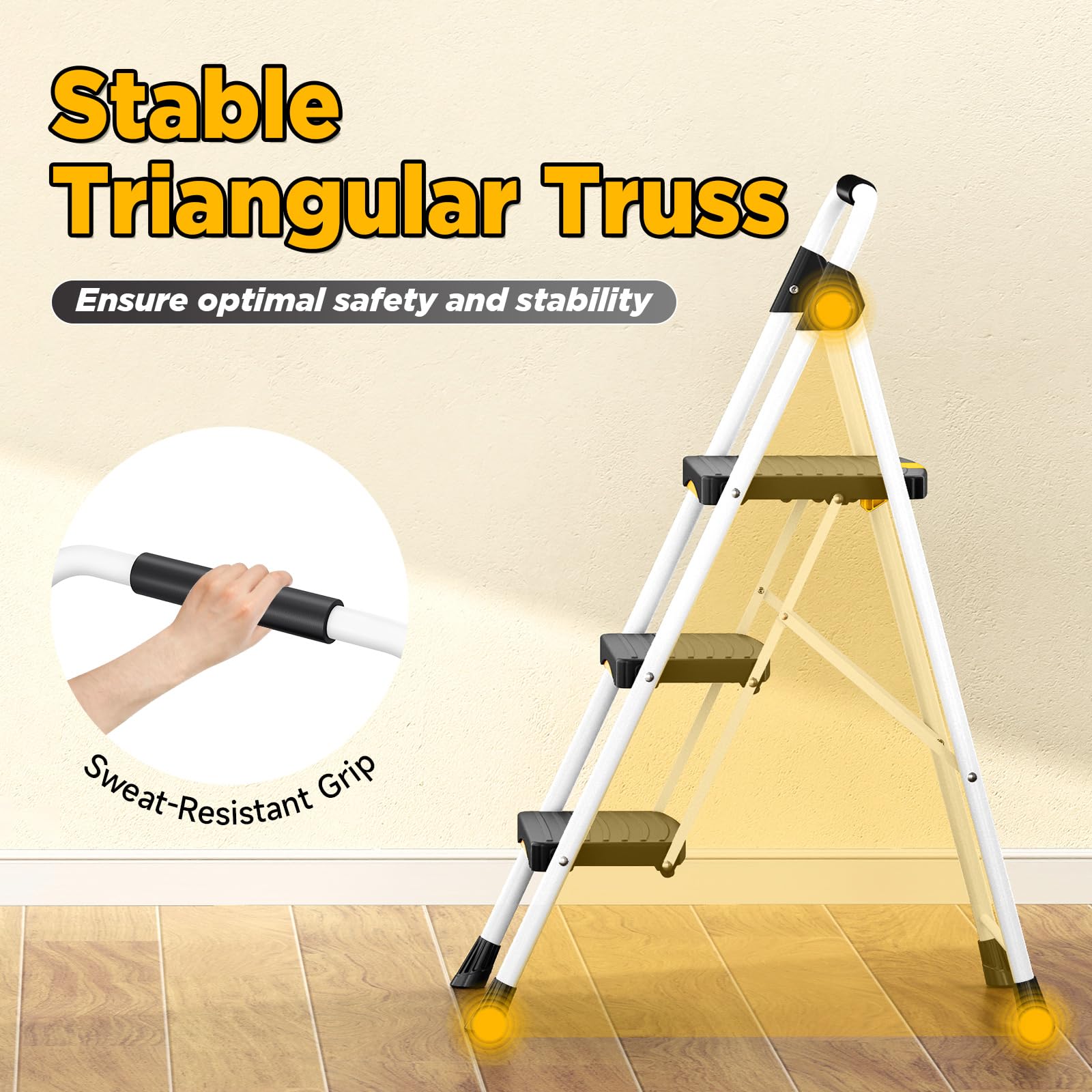Urackify Escabeau Pliable 3 marches, Charge 150 kg, Verrouillage de sécurité, Pédales Larges, Accoudoirs, Escabeau escamotable léger pour la Maison, Cuisine, Placard et Bureau.