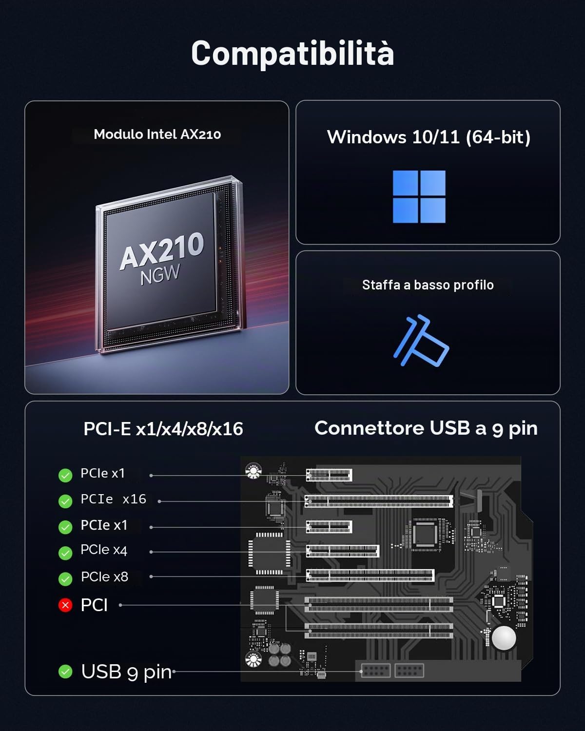 Cudy AX3000 WiFi 6 Adattatore PCIe, Bluetooth 5.0 PCIe Card, 2402Mbps + 574Mbps WiFi 6 velocità, OFDMA, 802.11ax/AC/a/b/g/n, Bluetooth 5.0/4.2/4.0, Solo Sistema Windows 10 64-Bit, WE3000S | Dongle PCI-Express WiFi 6E BT 5.3, 2402 574 Mbps, 6 GHz, dissipat