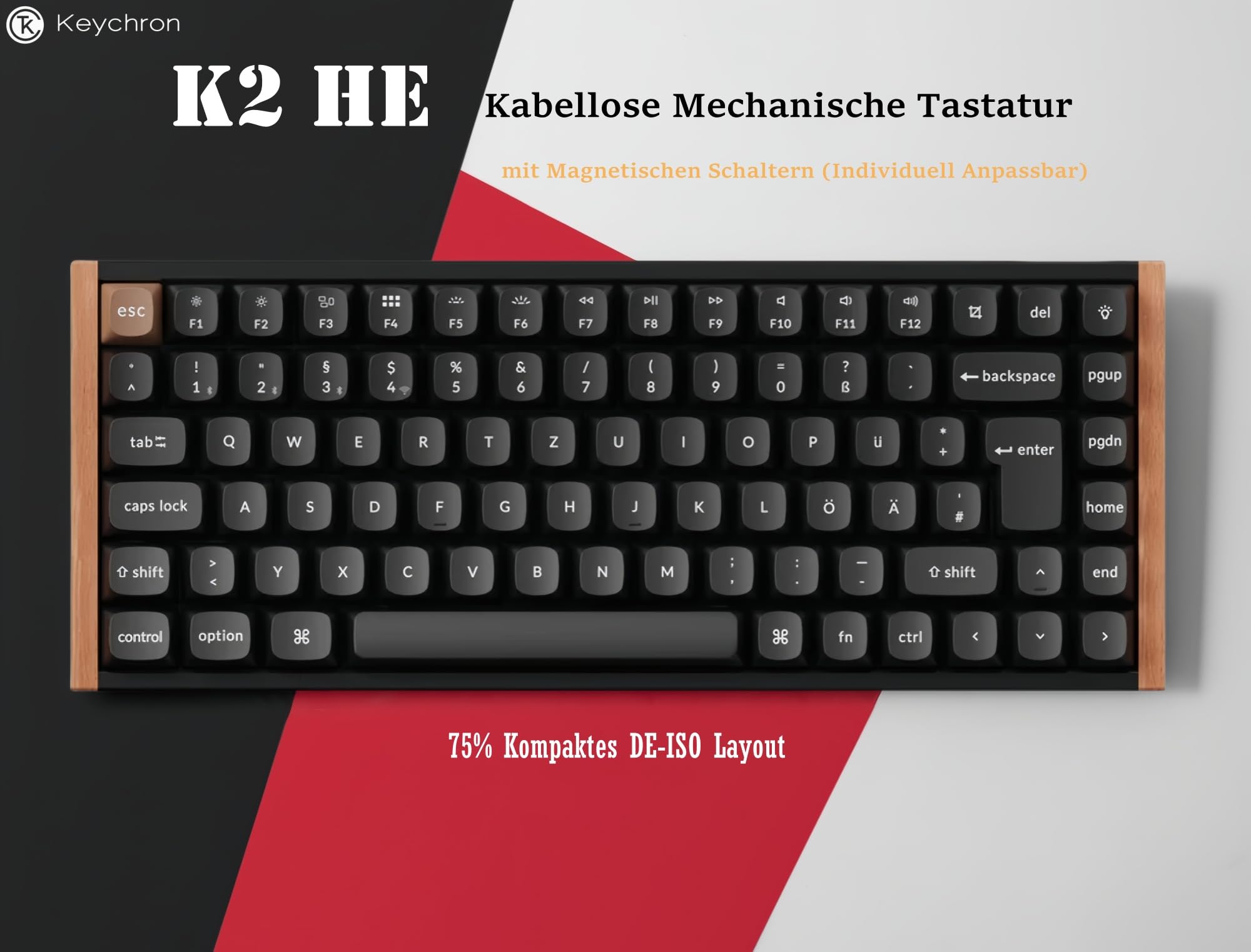Keychron K2 HE TKL DE-ISO Layout Wireless Mechanische Tastatur mit Magnet-Schaltern & Hot-Swap - Bluetooth/2.4GHz/USB-C, RGB-Beleuchtung QMK-Programmierung für Mac/Win, Holzdesign