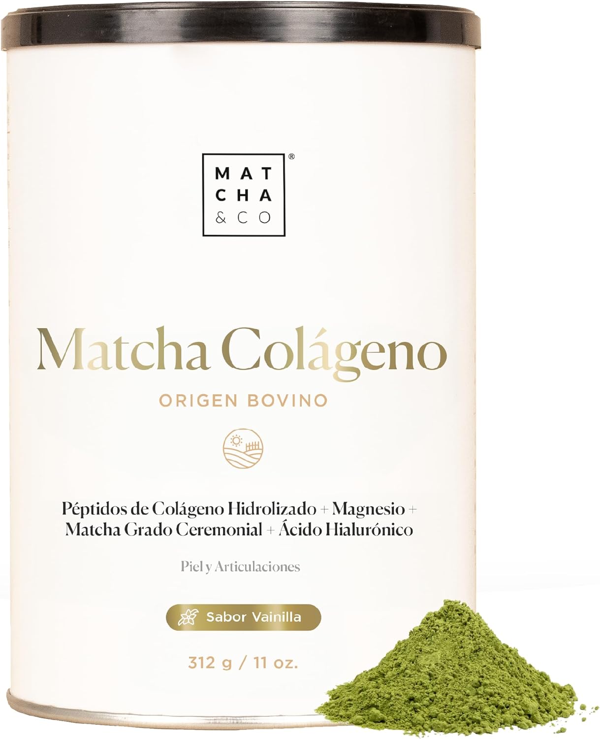 Matcha Collagen. Colágeno con Magnesio, Té Matcha y Ácido Hialurónico. Articulaciones, piel y uñas. 300 g matcha colágeno en polvo. Sabor Matcha Vainilla