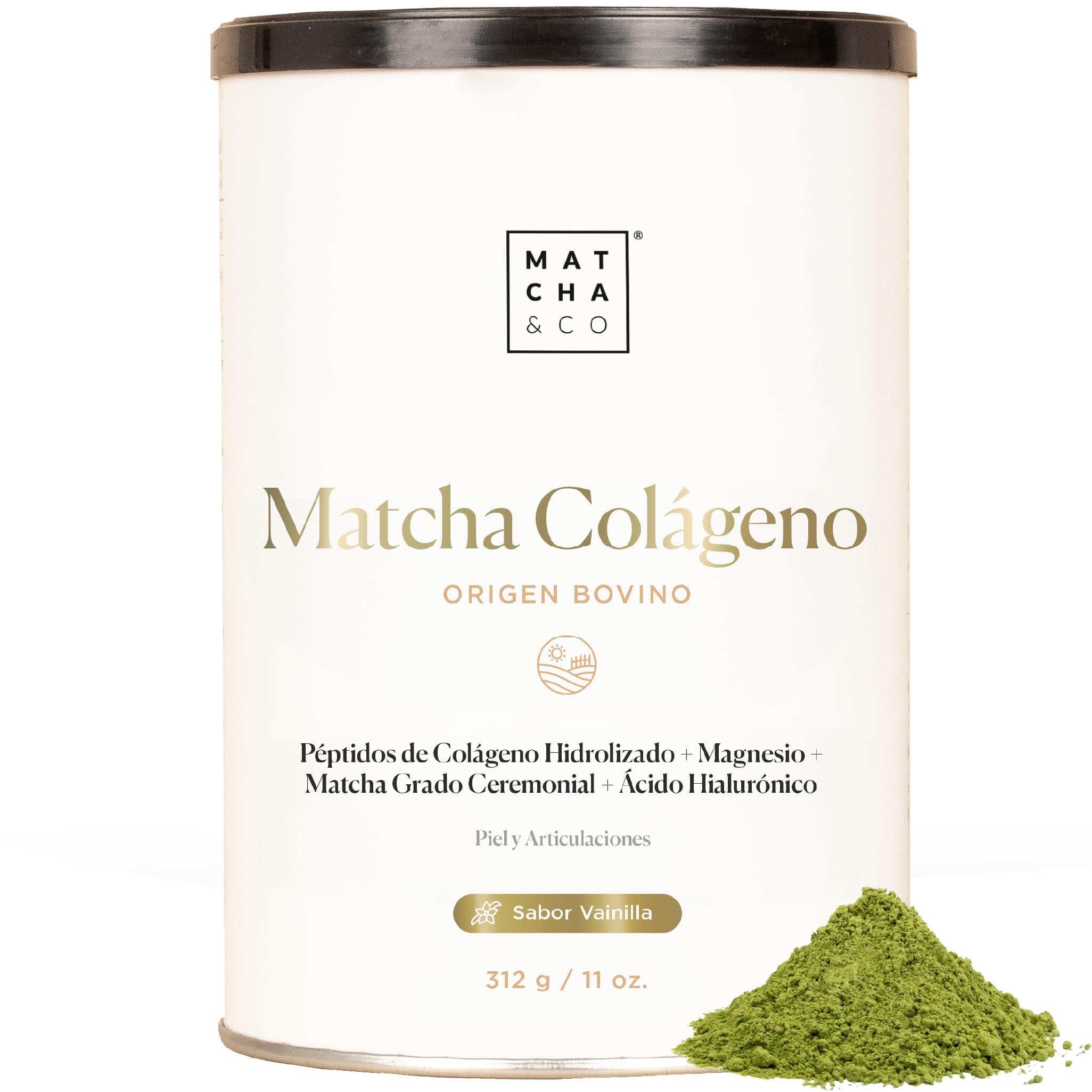 Colágeno con Magnesio, Té Matcha y Ácido Hialurónico. Articulaciones, Piel y Uñas. 300g de polvo (vainilla). Sin gluten, sin azúcares añadidos ni OGM. Mantén tu cuerpo sano y fuerte.