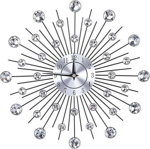 Aqur2020 Reloj de pared metálico de cristal 3D, reloj de pared plateado brillante con tachuelas de diamantes, decoración de pared para el hogar,