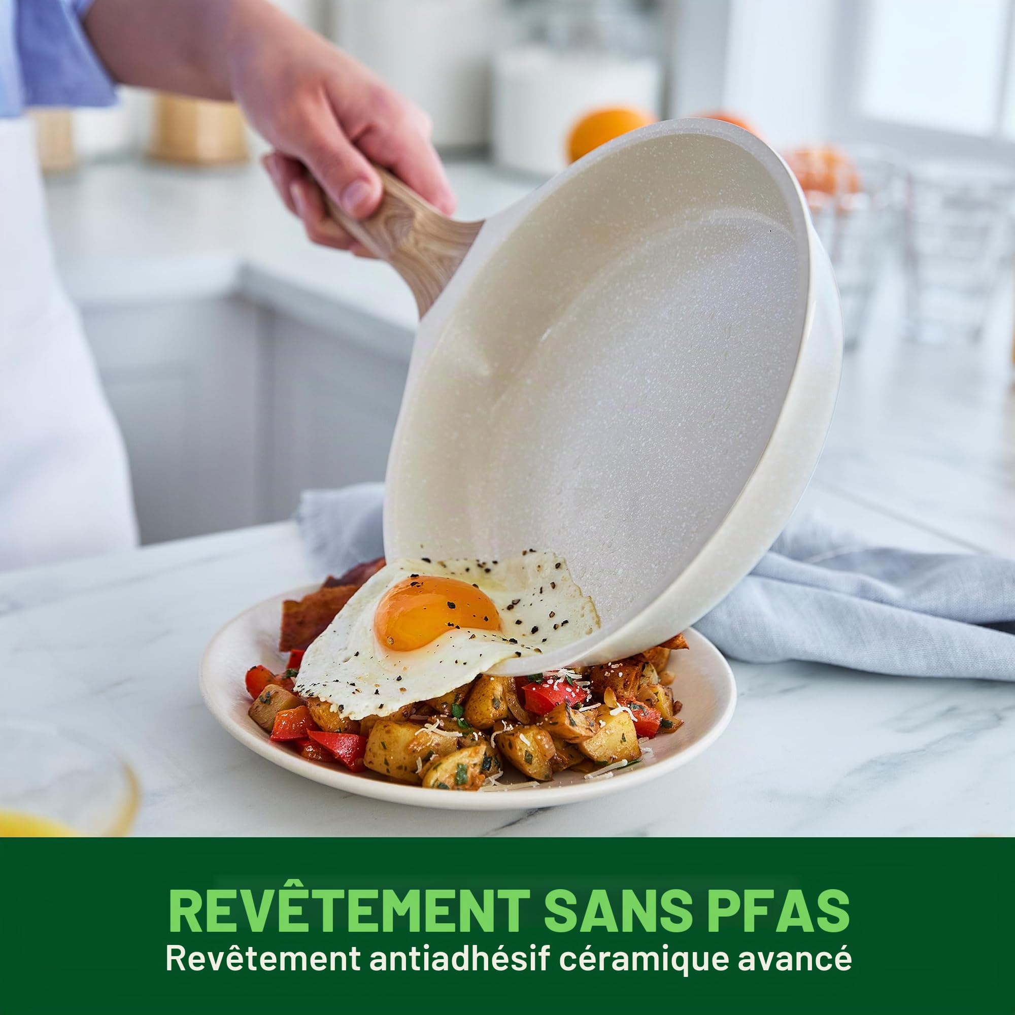 GreenChef Arte Lot de 2 poêles antiadhésives en céramique sans PFAS avec manche en bois Crème 24 cm et 28 cm