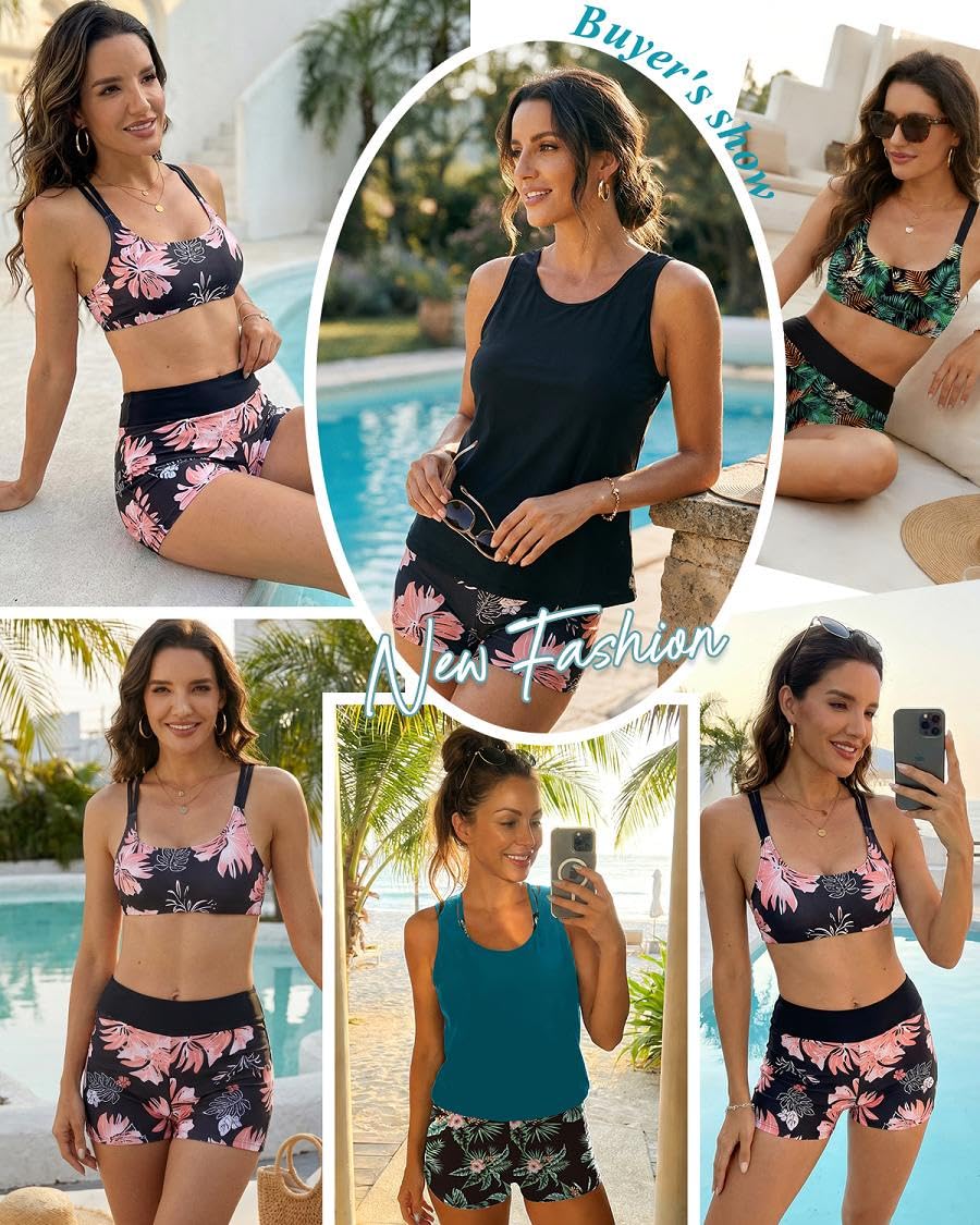 Conjunto de Tankini para Mujer 3 Piezas Cuello Redondo Traje de Baño Push up y Pantalones Cortos de Baño de Cintura Alta Bañador Reductor Barriga