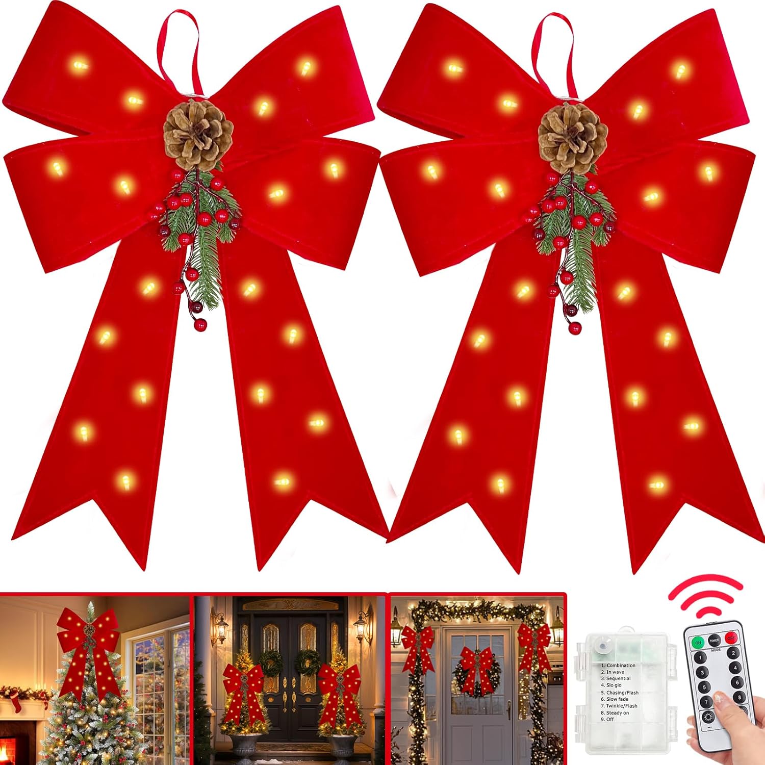 2 Pack 24'' x 14'' Prelit Large Christmas Bows Decorations with 20 Lights & Timer Remote, 8 Modes Battery Operated Red Velvet Xmas Bows for Wreaths Garland Christmas Tree Topper Outdoor Indoor Home