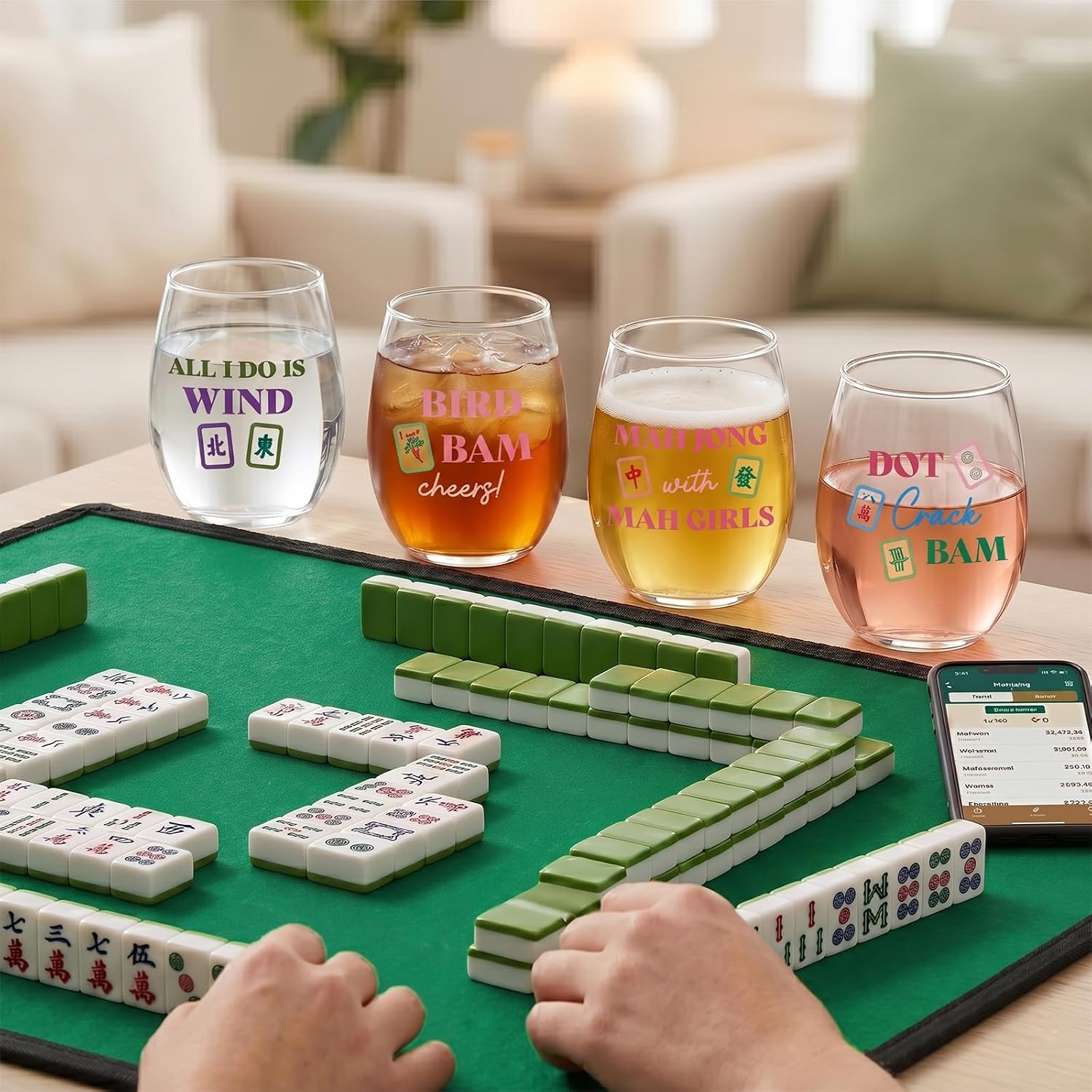 Mahjong Stemless Wine Glasses Set of 4, Mahjong Lovers Gifts for Women, Mah Jongg Enthusiasts & Players, 15oz Wine Glasses Drinkware Mahj Party Decoration Supplies for Family Play Day & Game Night image 5