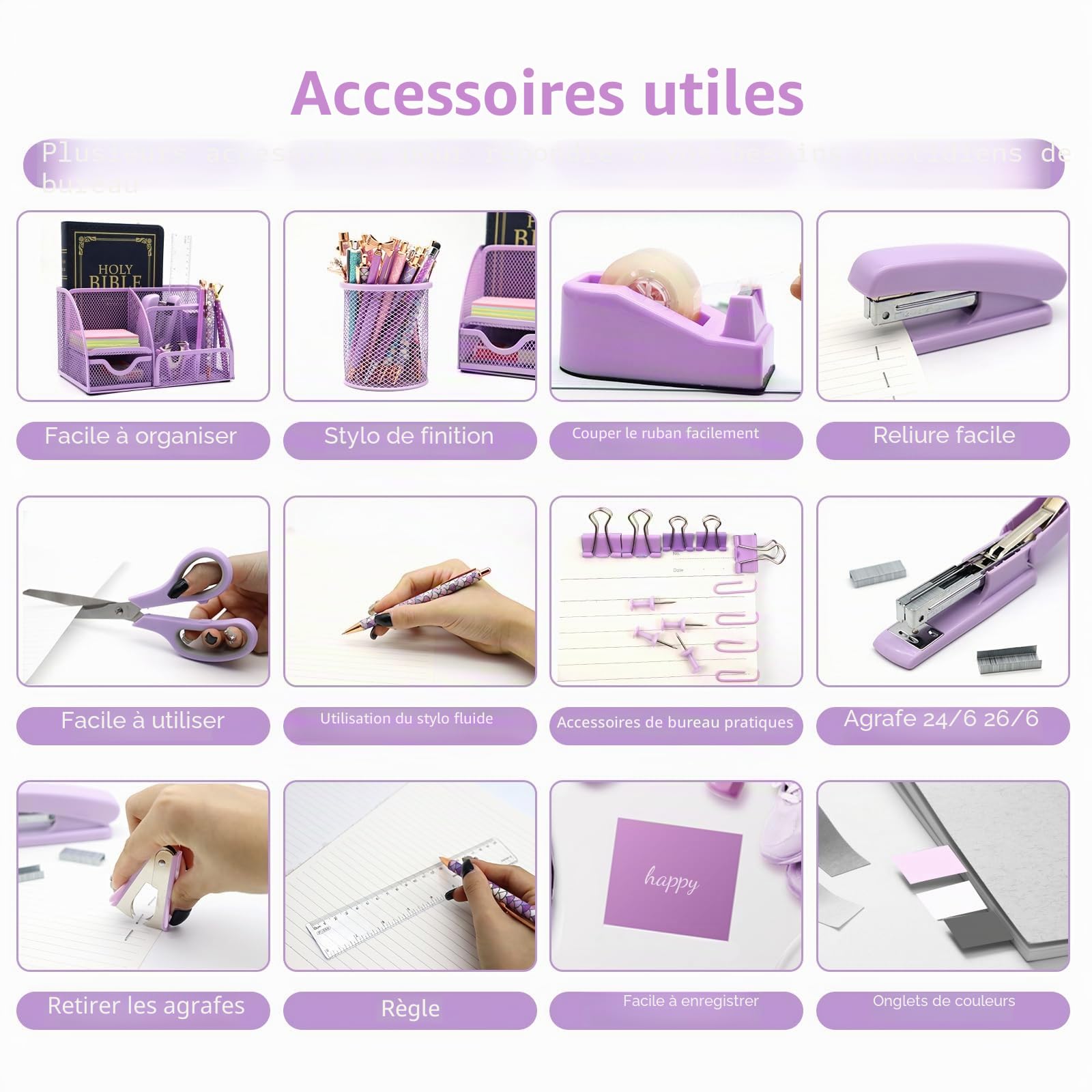 Organisateurs de bureau 12 en 1 violet et accessoires violets fournitures de bureau violettes agrafeuse porte-stylo support ruban agrafes ciseaux règle agrafe pour la maison, l'école, cadeaux pour