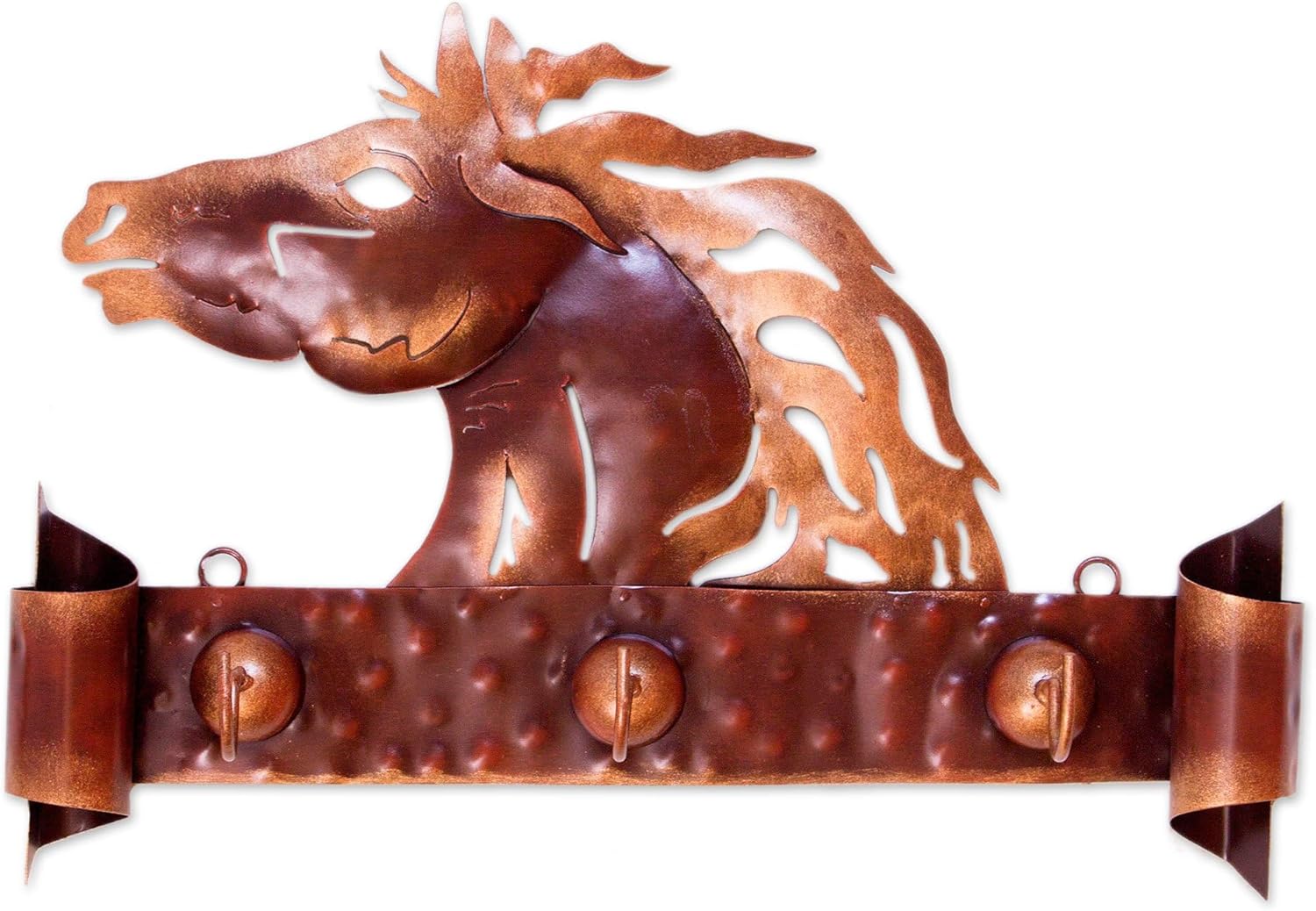 NOVICA Artisan Handmade Iron Coat Rack Steel Horse Key Holder Brown Mexico Wall Decor Holders Animal Themed [11.75in H x 17.25in W x 3.5in D] ' Horse of Gold'