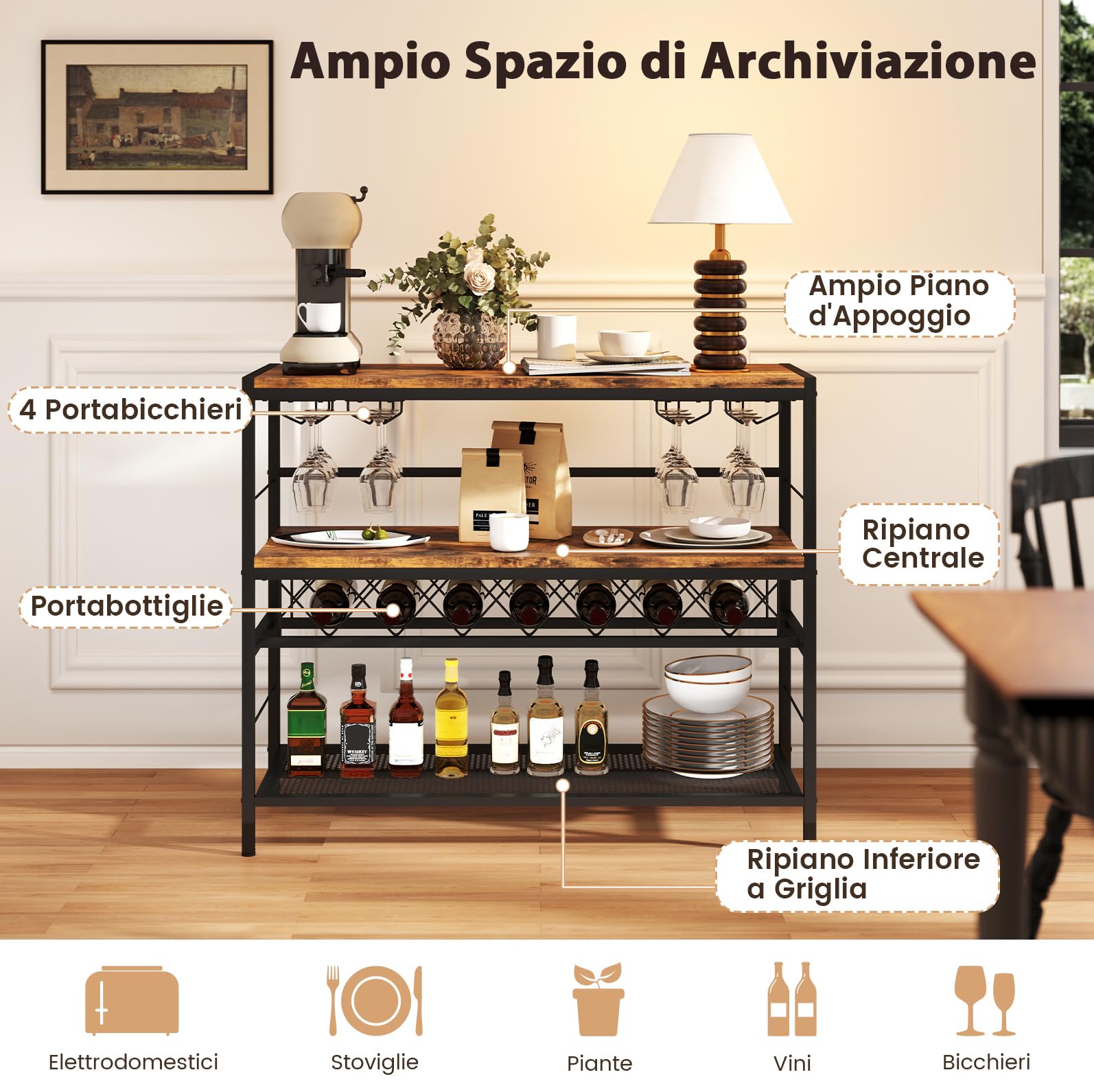 RELAX4LIFE Portabottiglie da Vino da 104 CM, Tavolo Bar per Vino con 4 Supporti per Bicchieri, Piano di Lavoro Ampio, Ripiani di Stoccaggio, Supporto per Bottiglie da Vino per Cucina, Soggiorno