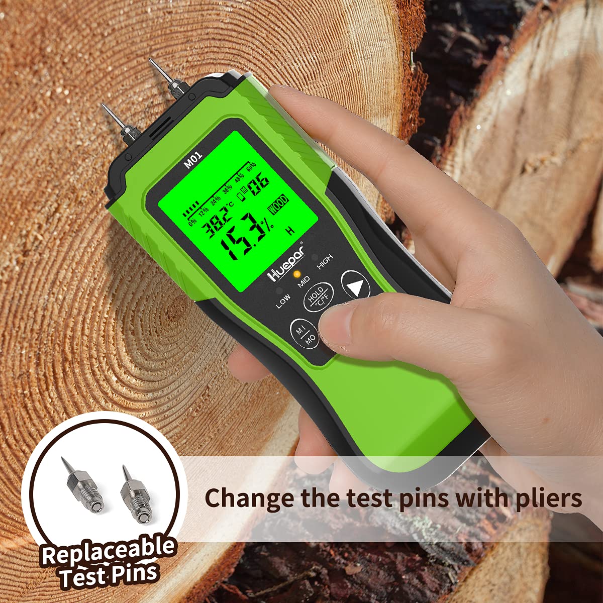 Humidimètre Numérique du Bois Huepar, Détecteur de Fuites à Broche 2 Modes de Mesure-8 Types Testeur d'Humidité du Bois Ecran LCD Rétroéclairé Pour Inspection d'Humidité du Bois & des Matériaux M01