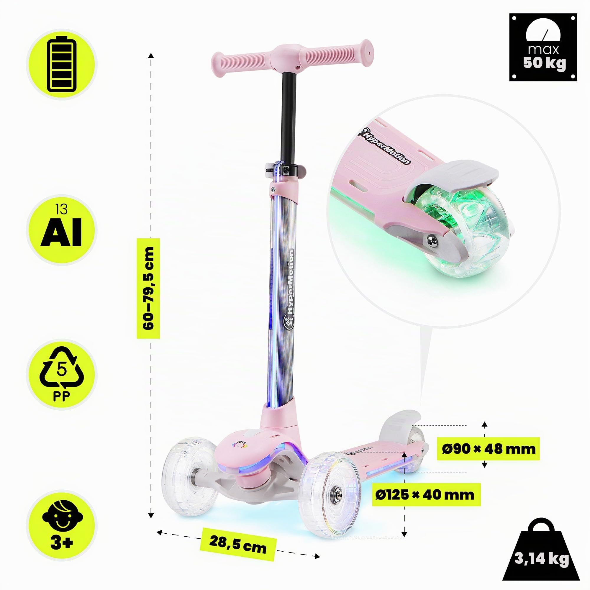 HyperMotion- Monopattino a tre ruote per bambini, 3-8 anni, con illuminazione