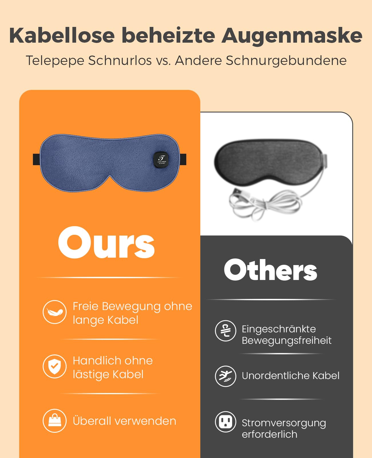 beheizte Augenmaske, Wärmebrille mit Akku ohne Kabel, 3 Wärmestufen waschbarer Bezug, Geschenke für Familie und Freunde (Dunkelblau)