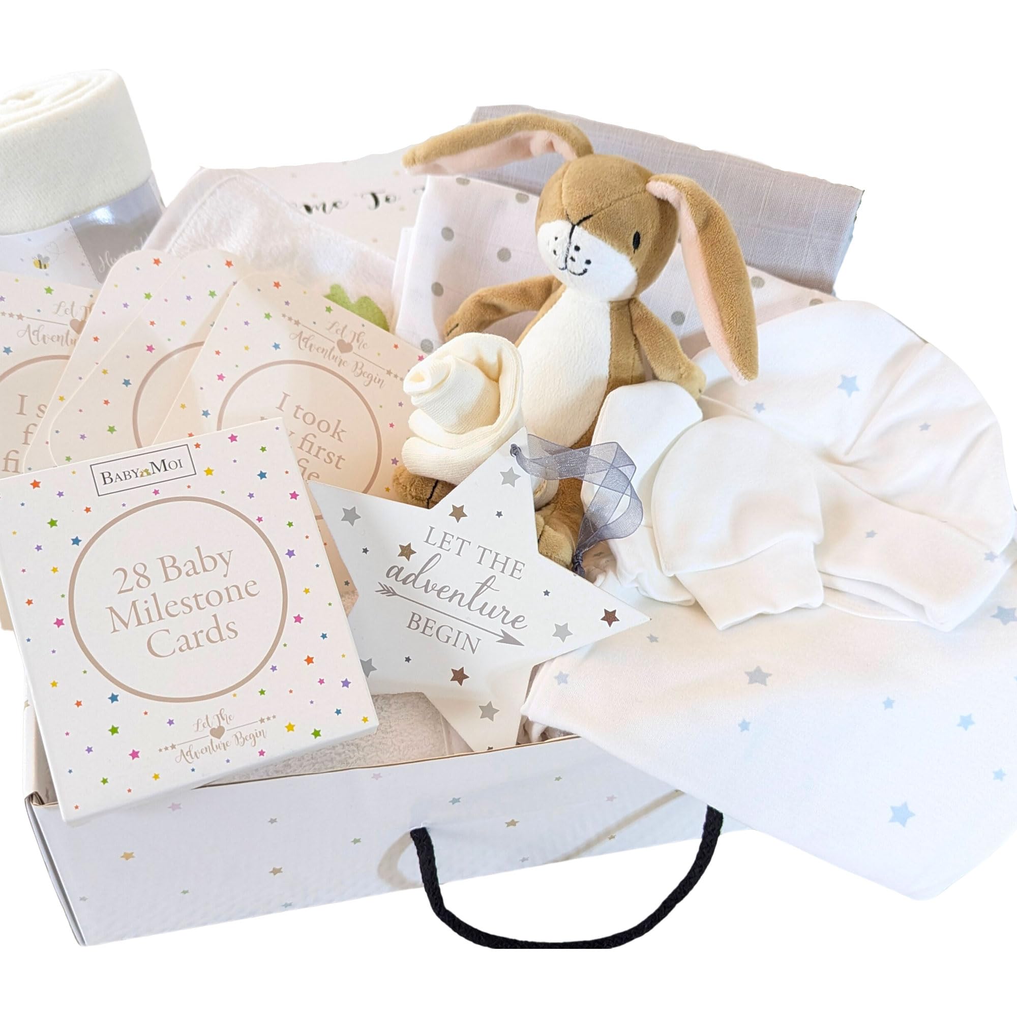 – Newborn Baby Gift Let The Adventure Begin 11 Piece New Baby Gift Hamper New Baby Essentials Clothes, Socks, Toy, Plaque, Baby Milestone Cards Baby Shower Present Mum to Be Gift Gmily Hare (Unisex)