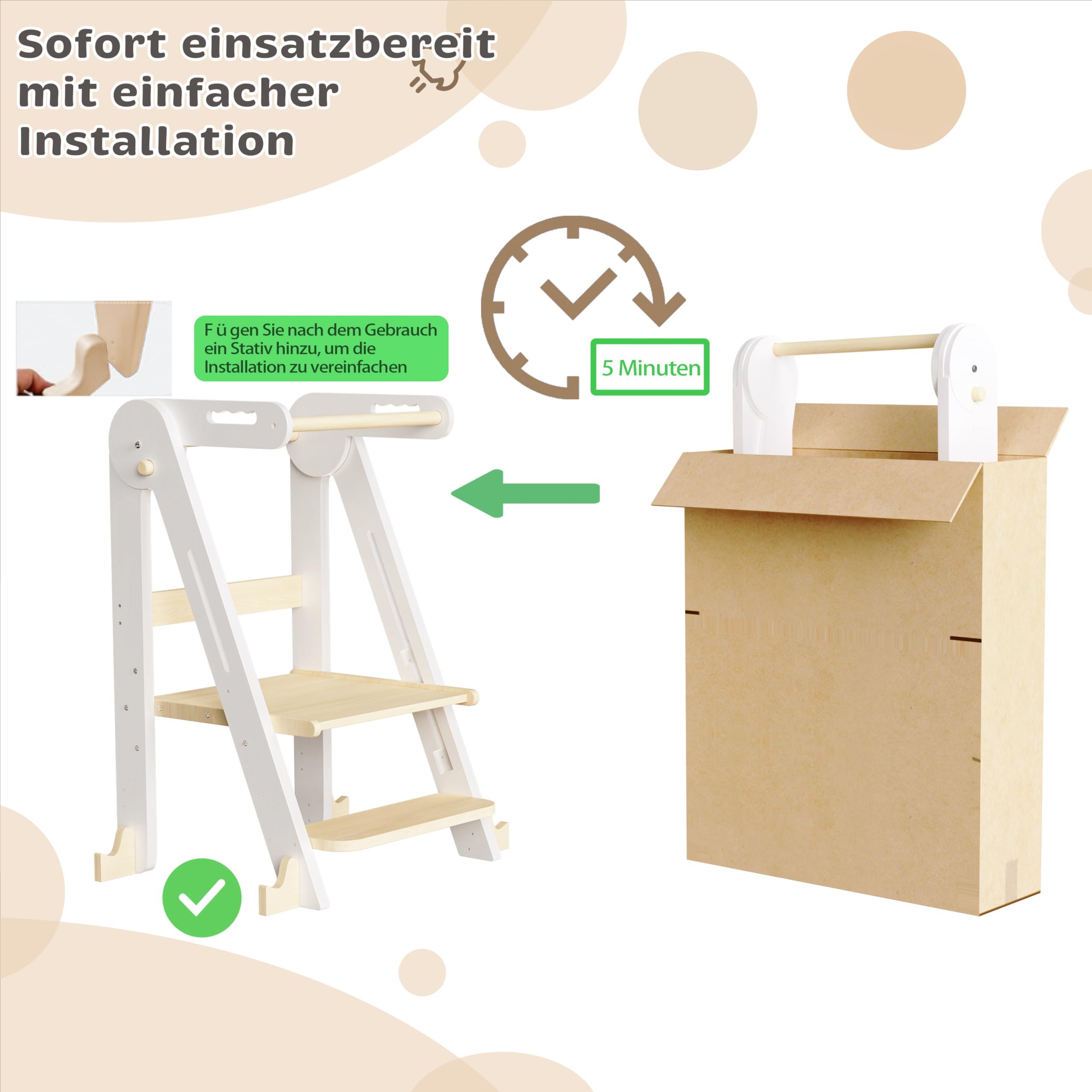 Klappbarer Toddler Tower Tritthocker Höhenverstellbar (Weiß) | Sicherer Kinderhocker ab 1,5 Jahren | Höhenverstellbar & faltbar für Bad & Wohnzimmer. Mit Rutschschutz