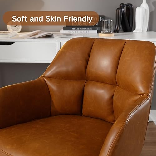 Miniatura 5 de Silla de oficina en casa marrón con ruedas, silla ajustable para computadora, silla de escritorio giratoria con respaldo medio, silla tapizada para